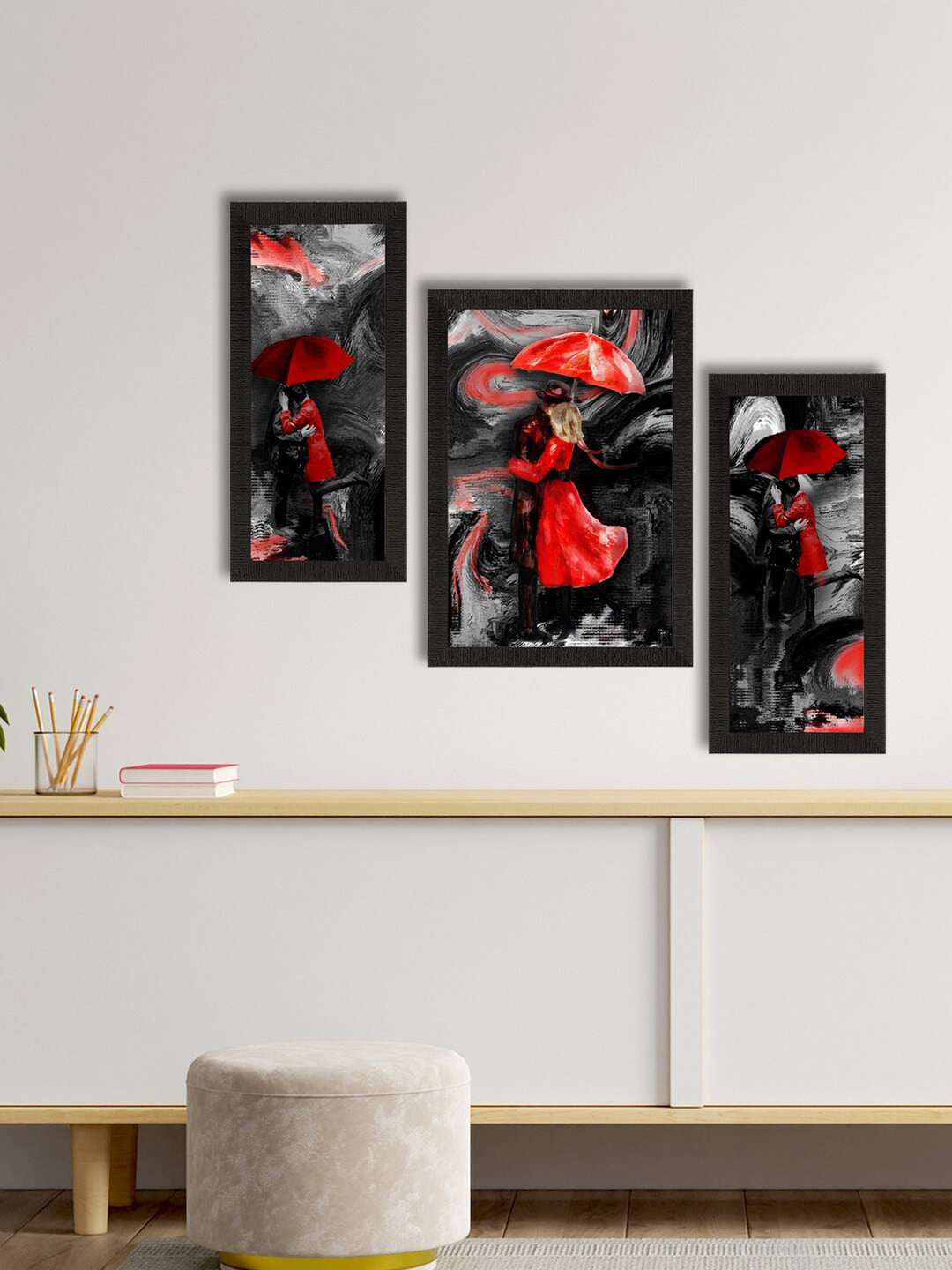 eCraftIndia Red & Black Set of 3 Loving Couple Under Umbrella Valentine UV Art Painting