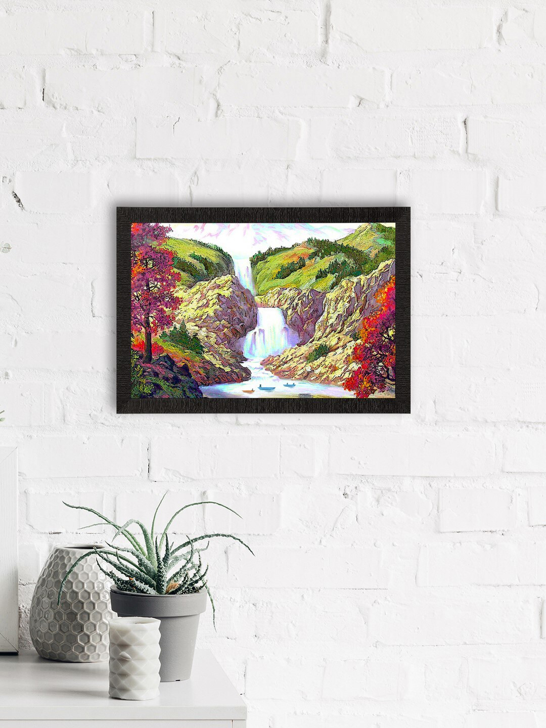 eCraftIndia Waterfall Green Wall Home Office Rectangle Paintings Wall Art -10 x 14In