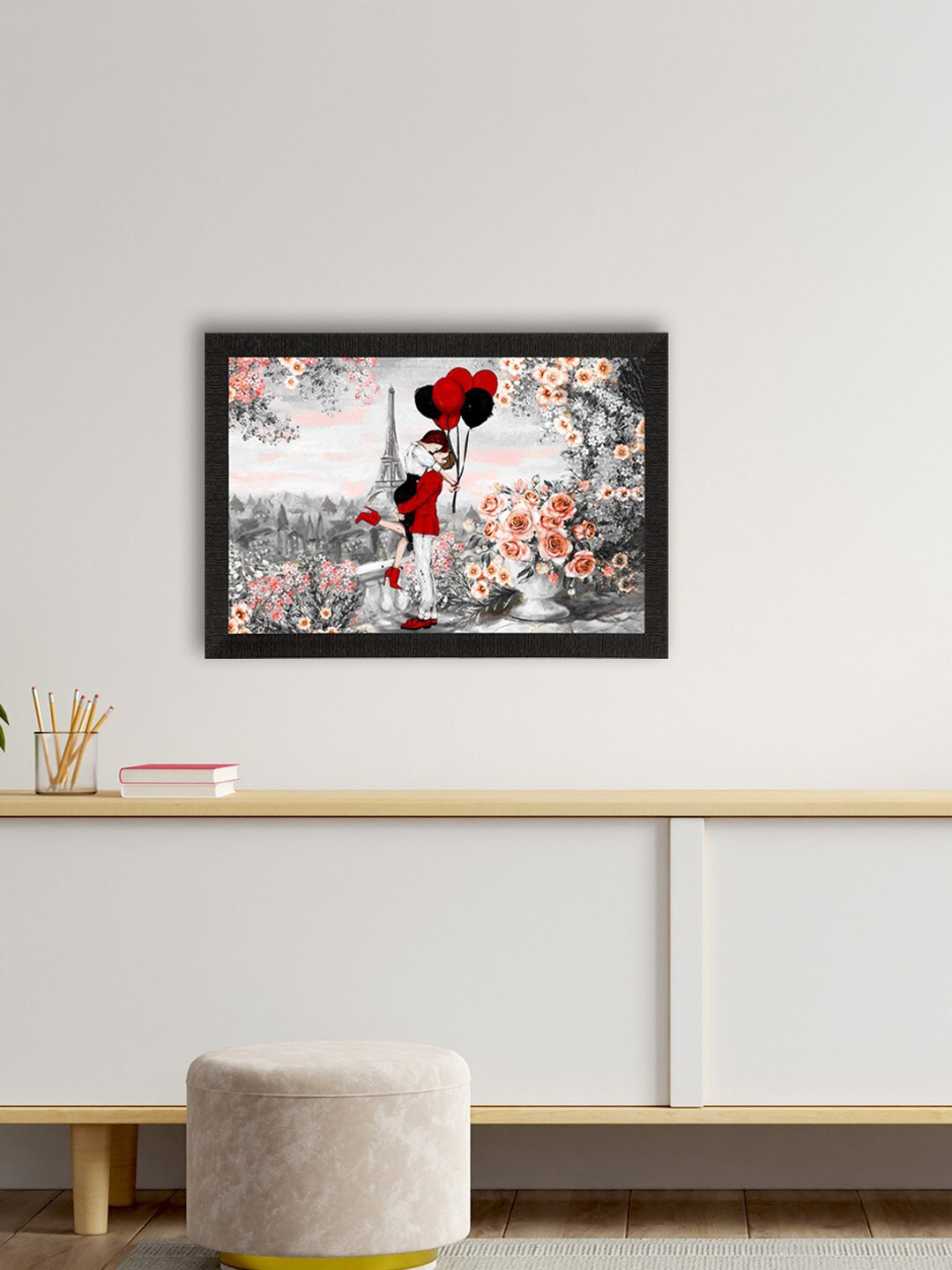 eCraftIndia Grey & Red Kissing Romantic Couple In Front of Effiel Tower Satin Matt Texture UV Art Painting