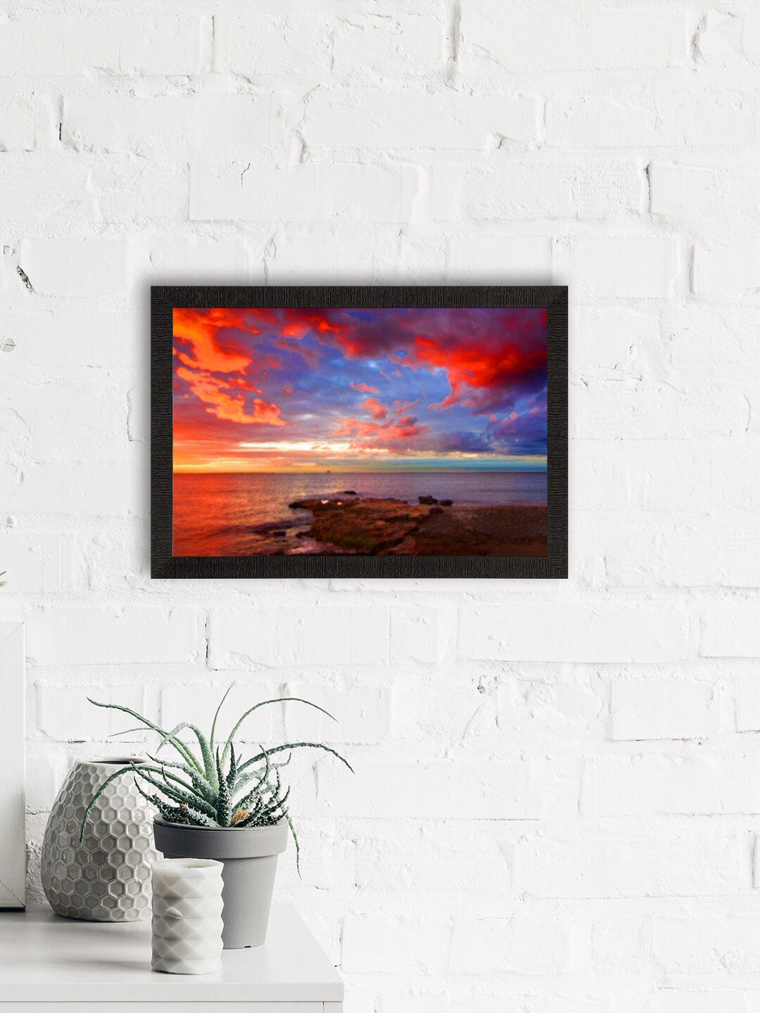eCraftIndia Orange & Blue Colorful Sky & Beach Scenic View Satin Matt Textured UV Art Painting