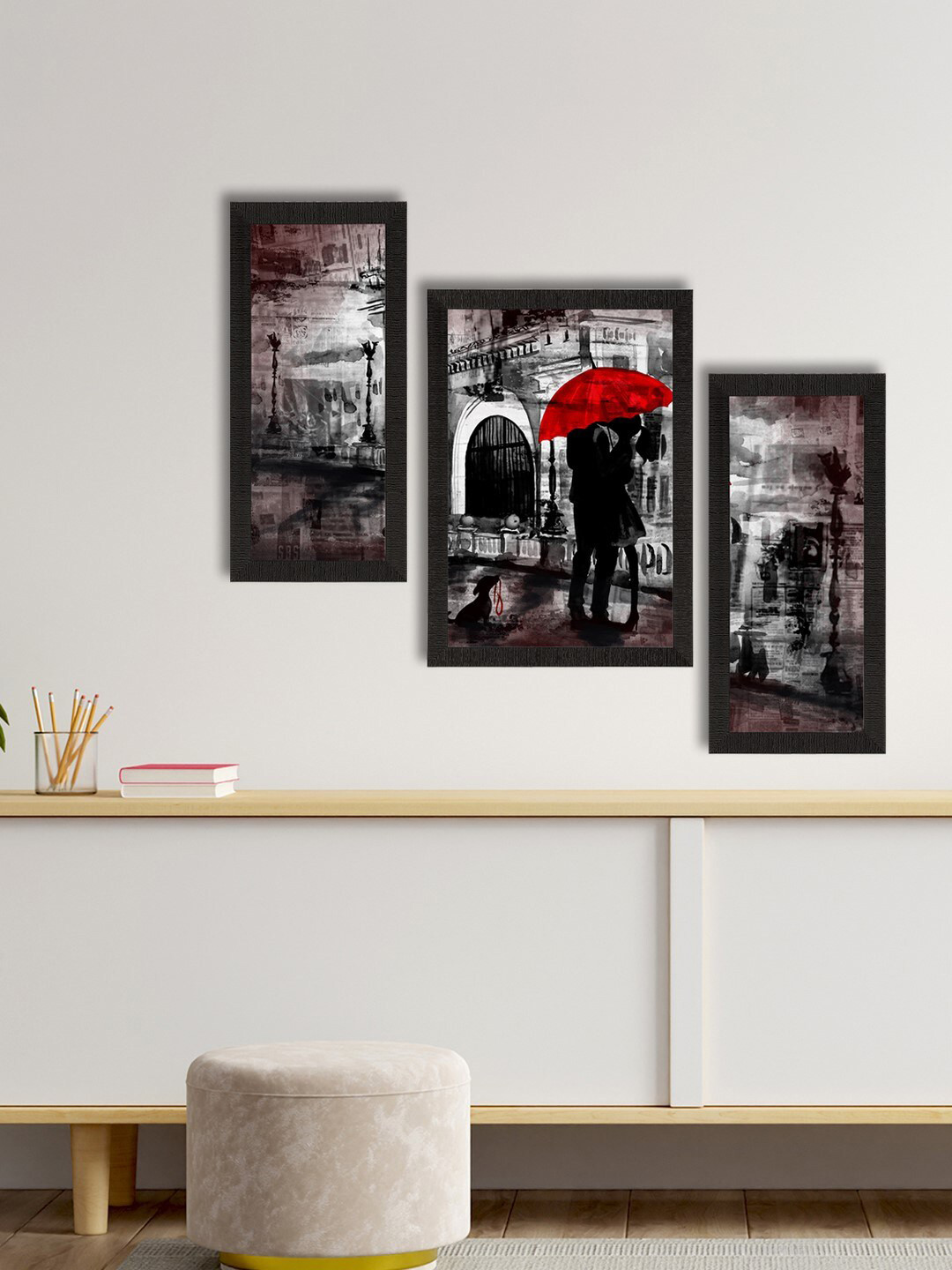 eCraftIndia Set Of 3 Loving Couple Under Umbrella Wall Art