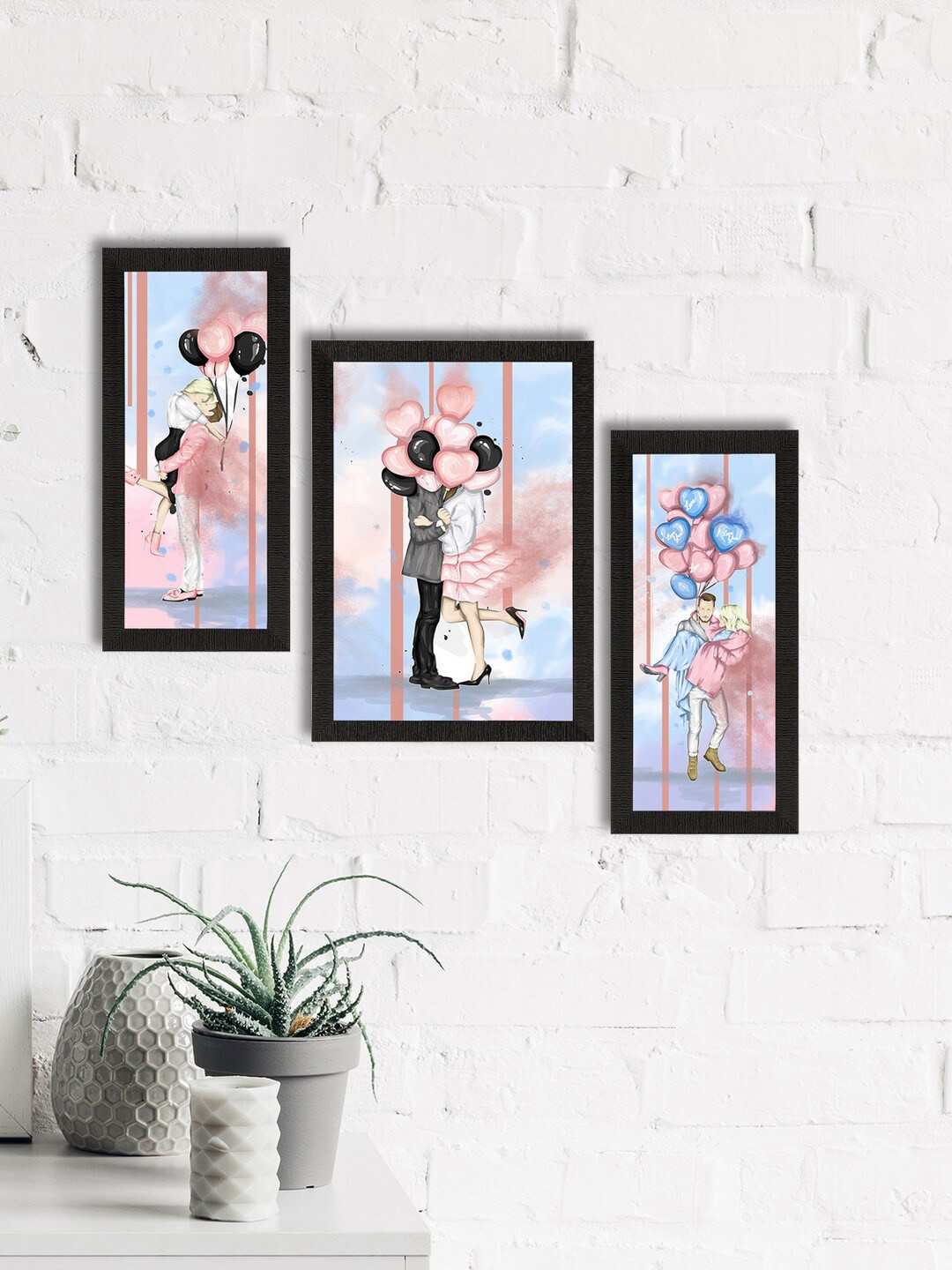 eCraftIndia Set of 3 Black & Blue Romantic Couple Wall Art
