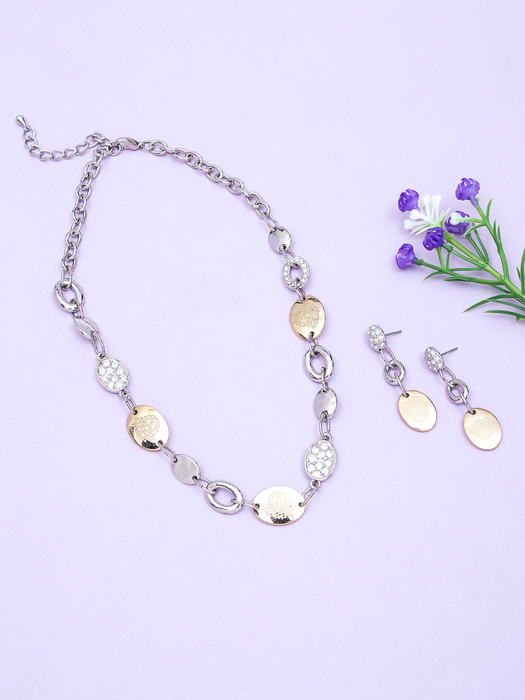 Golden Peacock Golden-Toned & Silver-Toned Stone Studded Jewellery Set