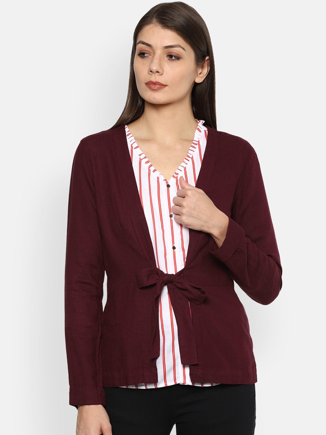 Van Heusen Woman Maroon Solid Open Front Jacket