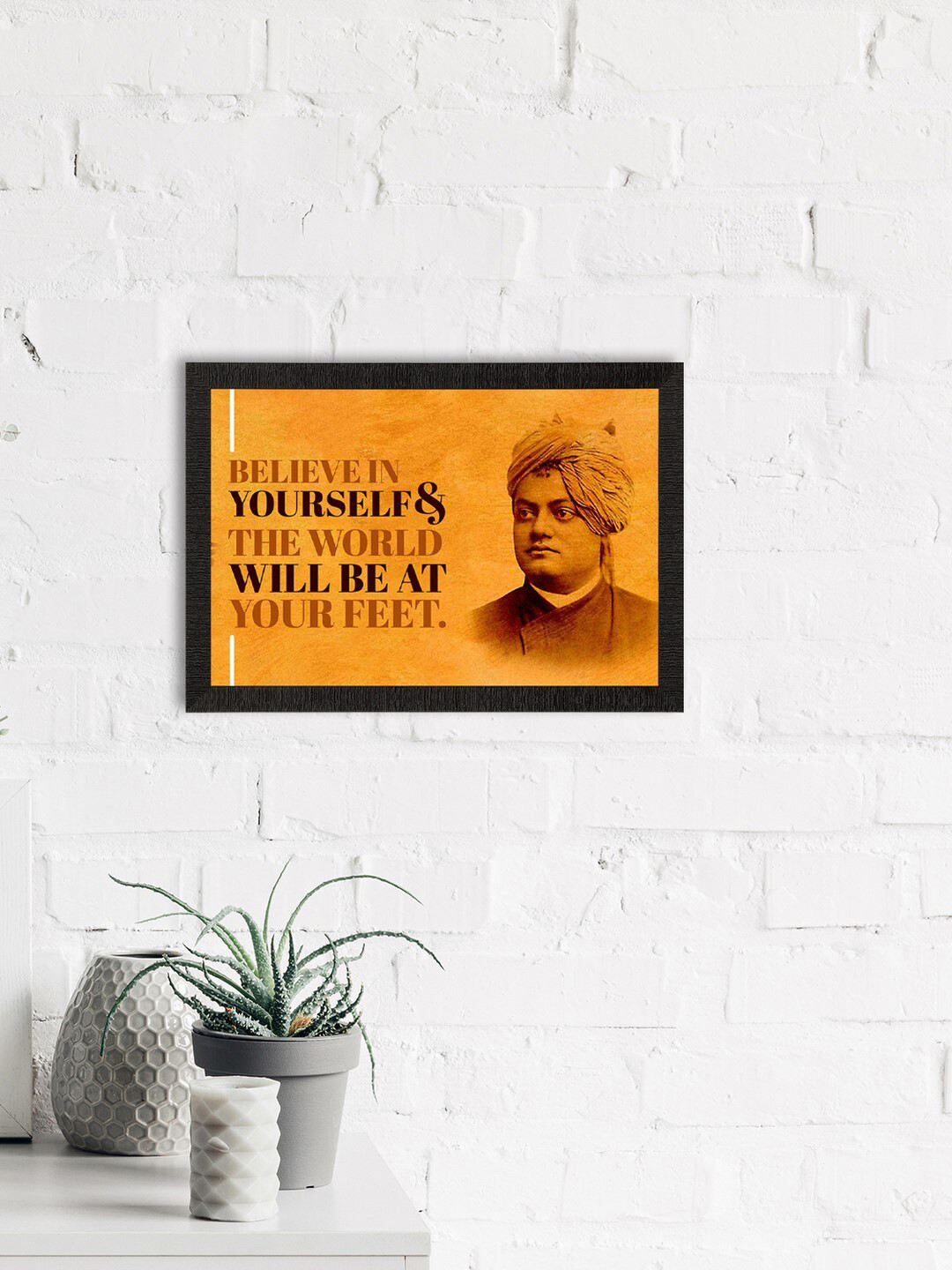 eCraftIndia Mustard Yellow & Brown Swami Vivekananda Motivational Quote  Wall Painting