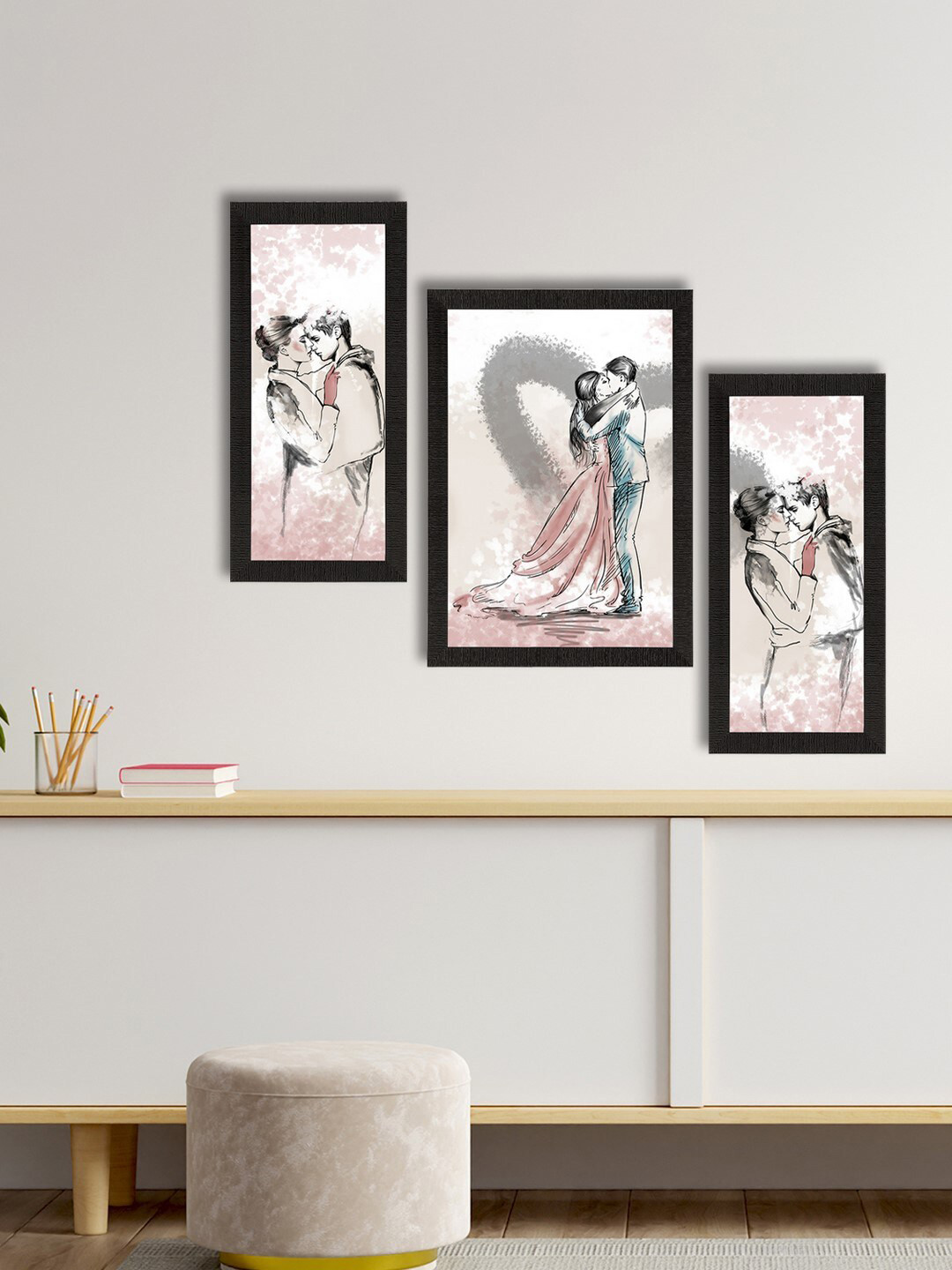 eCraftIndia Kissing Couple Paper 3 Pcs Wall Rectangle Paintings Wall Art