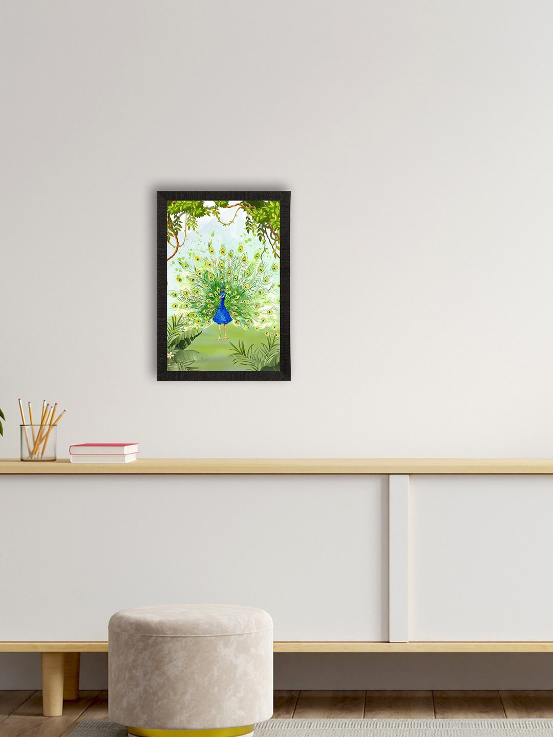 eCraftIndia Green & Blue Dancing Peacock Satin Matte Wall Art