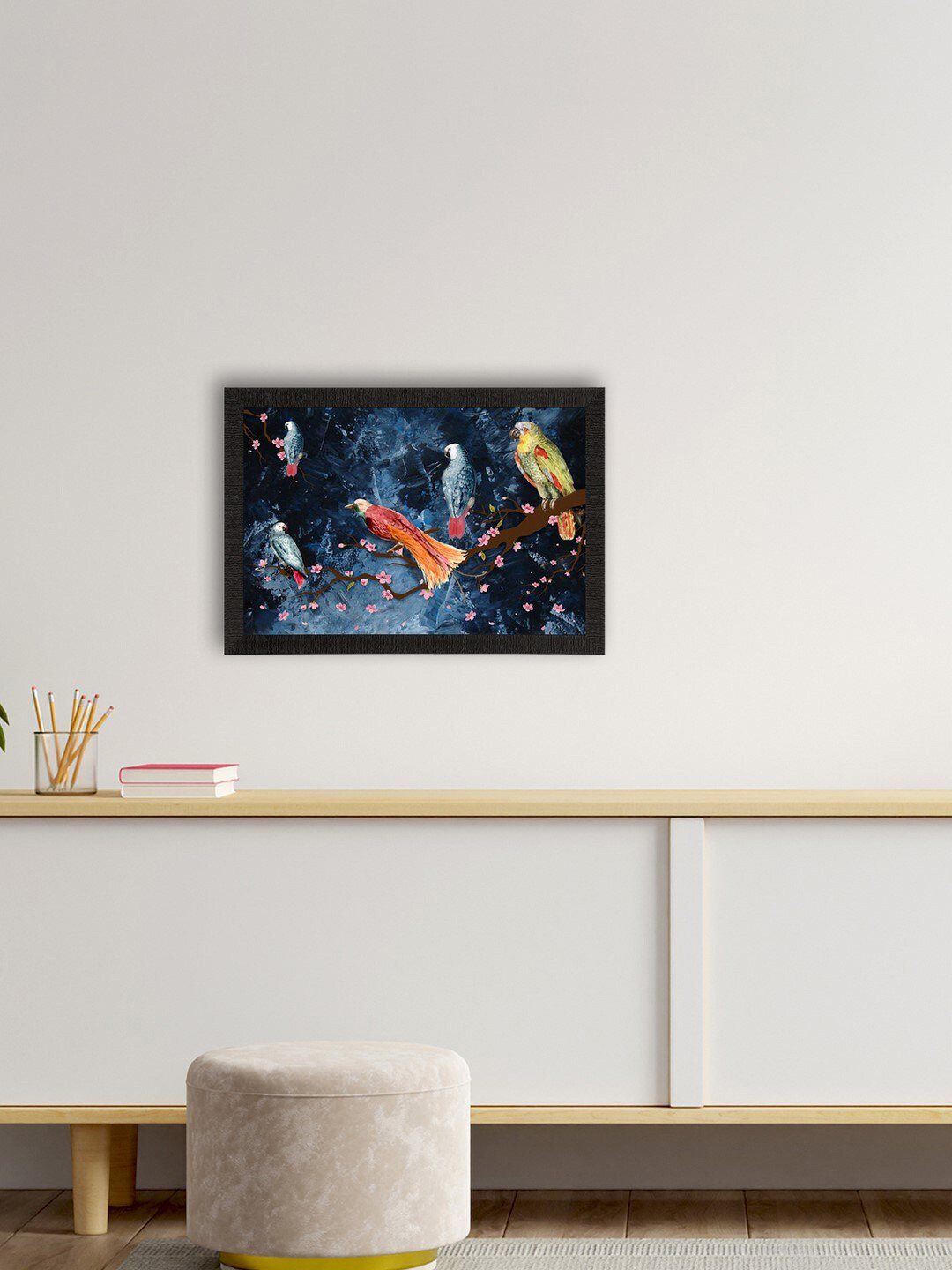 eCraftIndia Navy Blue & Green Colorful Birds Sitting On Tree Branch Satin Matt Texture UV Wall Art