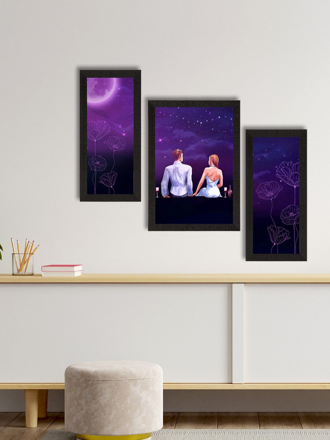 eCraftIndia Loving Couple Sitting Under Moon Light 3 Pcs Wall Paintings Wall Art