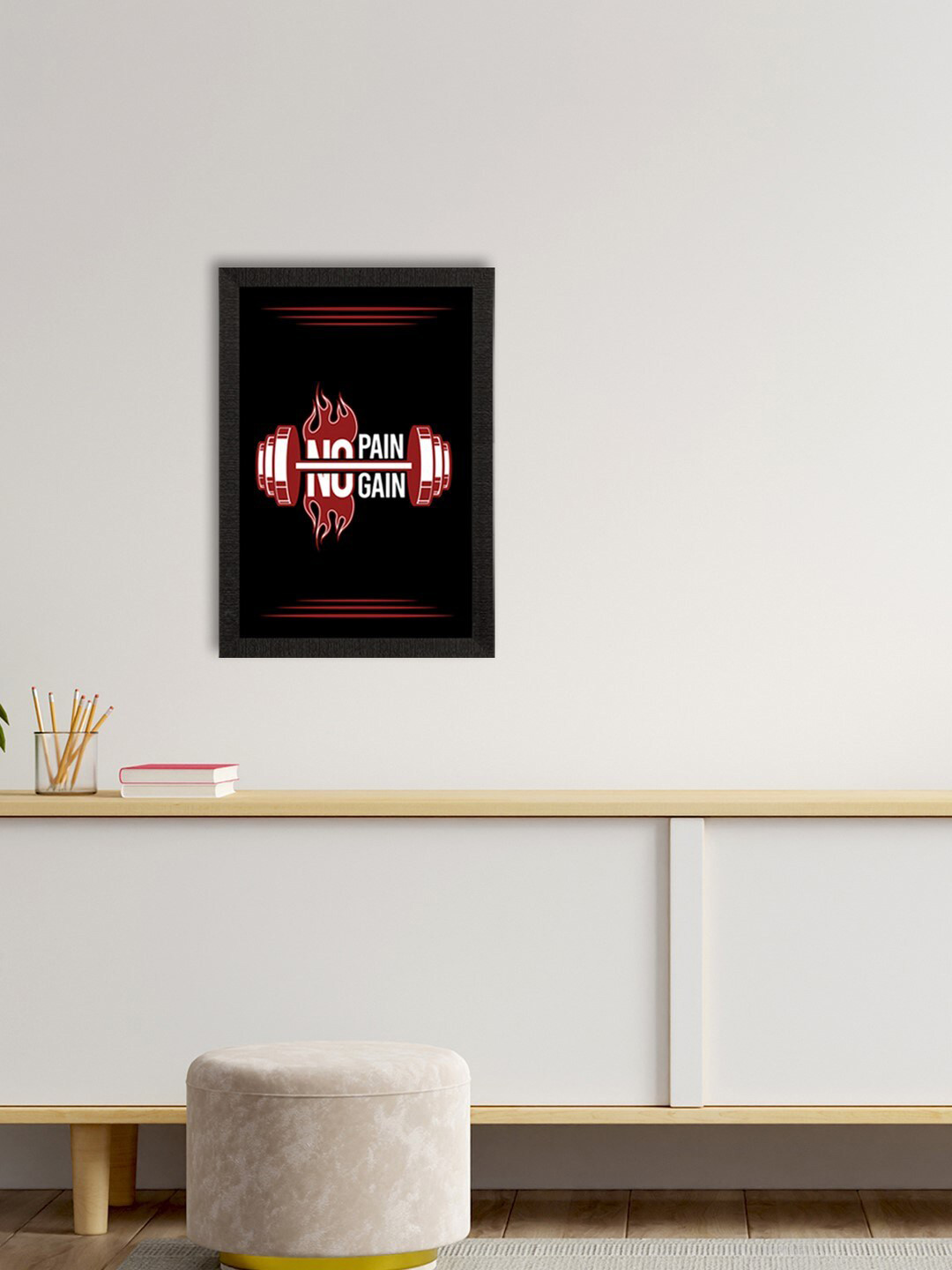 eCraftIndia Black & Red No Pain, No Gain Gym Motivational Quote Satin Matt Texture UV Art Painting
