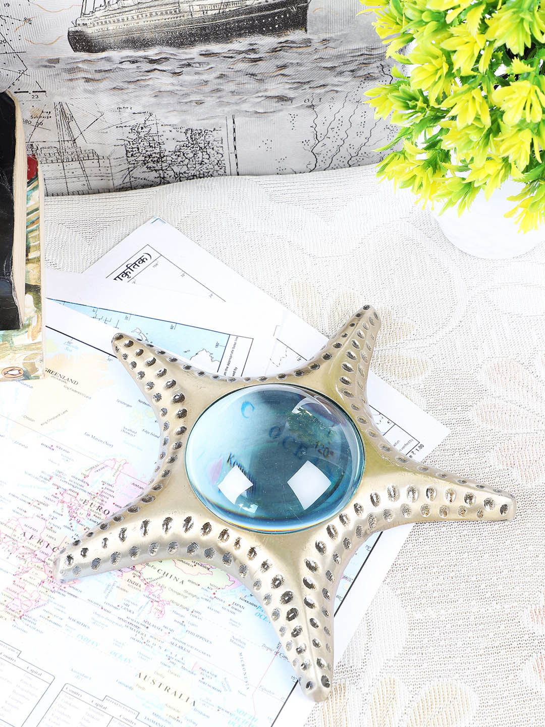 EXIM DECOR Star Fish Magnifying Glass Gold Brass Metallic Living Room Tiny Showpiece - 7.8 Inches