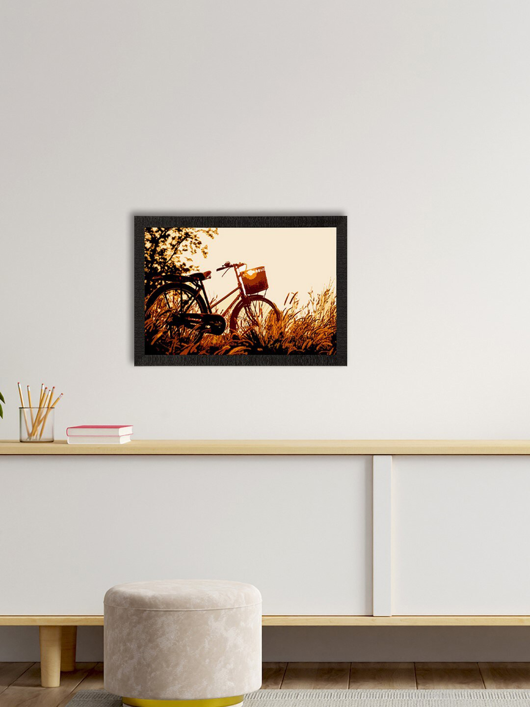 eCraftIndia Brown & Green Cycle Standing in Grass View Wall Art