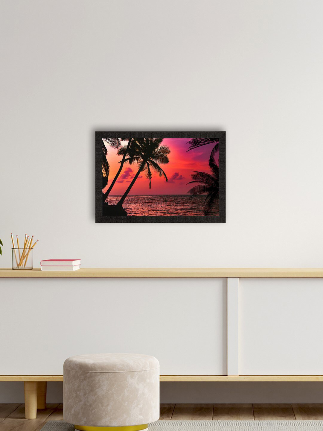 eCraftIndia Beautiful Beach Sunrise View Wood Rectangle Paintings Wall Art -14 x 10 In