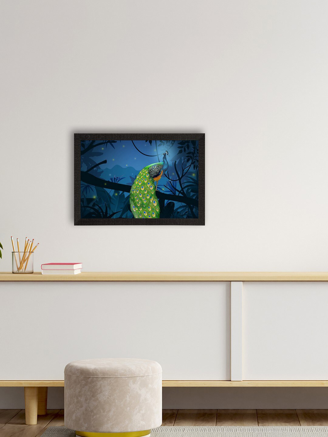 eCraftIndia Peacock Blue Paper Wall Living Room Rectangle Potrait Paintings Wall Art