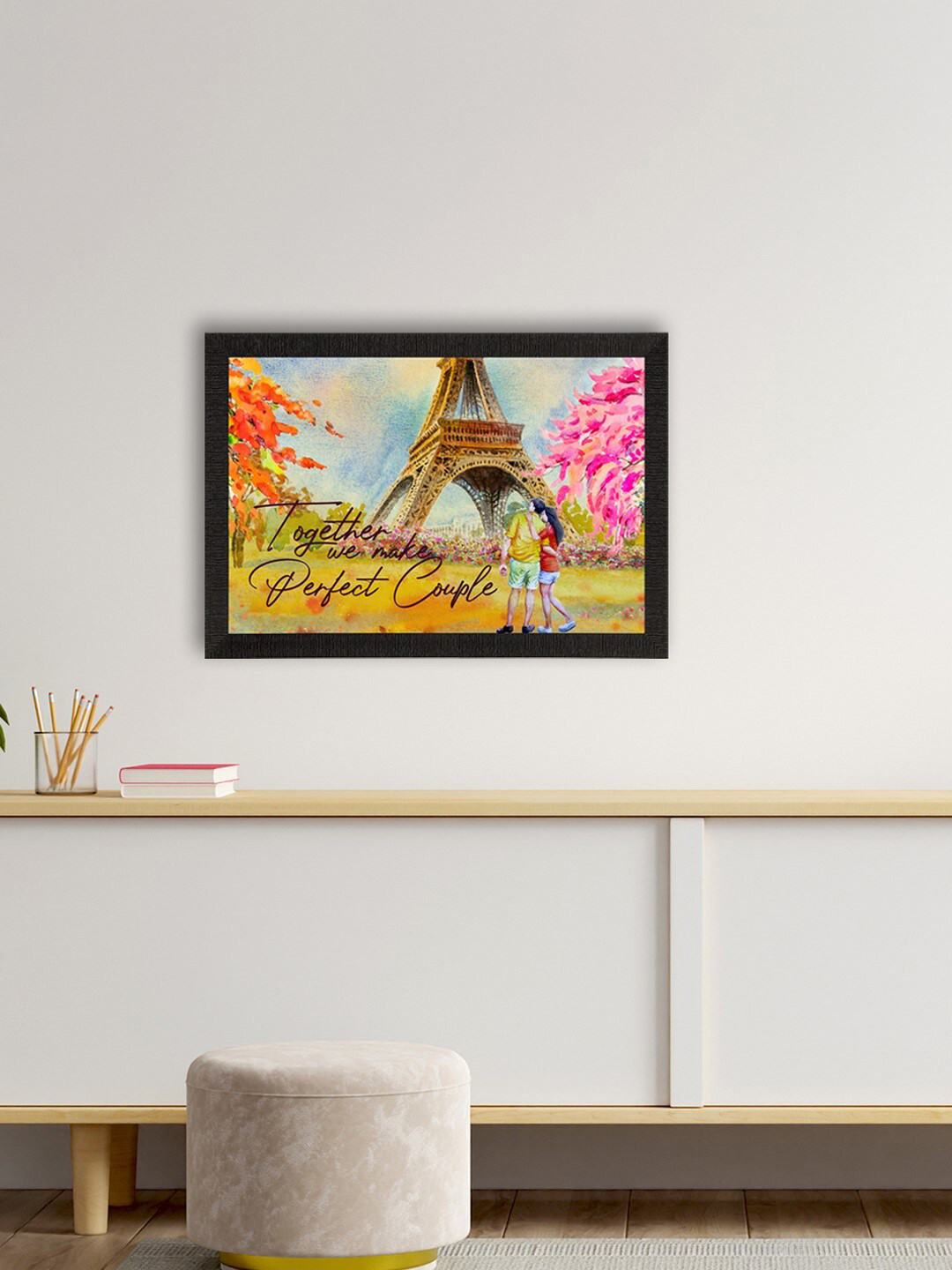 eCraftIndia Multicoloured Romantic Couple In Front Of Effiel Tower Love Theme Art Painting