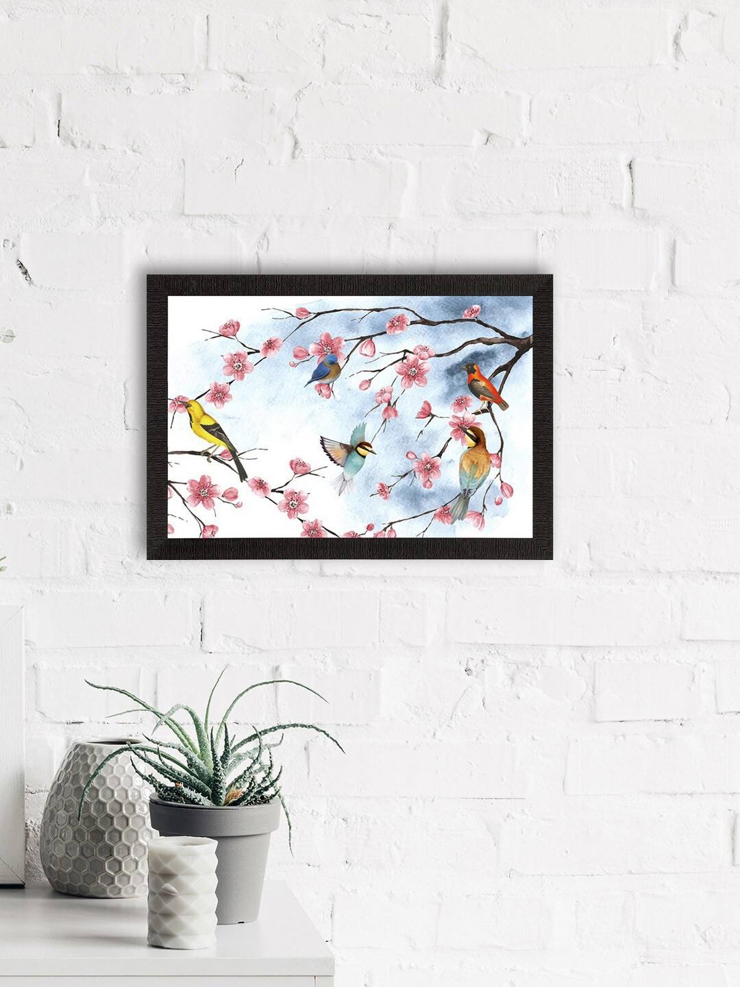 eCraftIndia White & Black Birds Sitting On Tree Branch Satin Matte Texture Wall Art