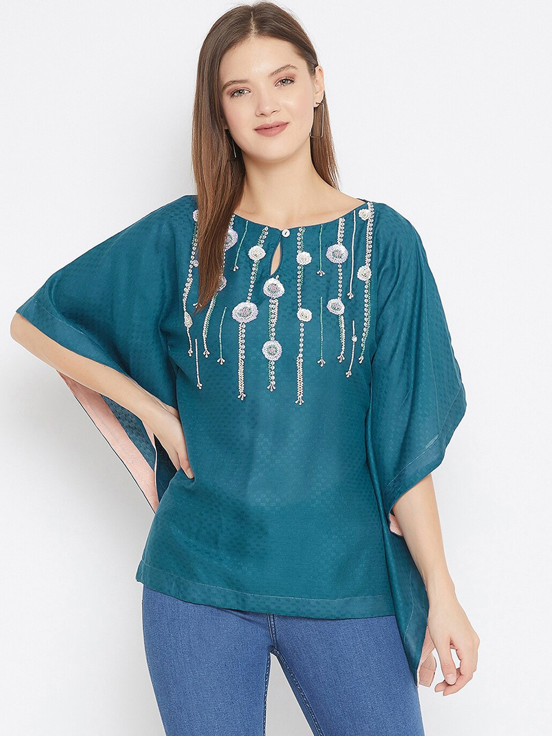 The Kaftan Company Teal Blue Hand Embroidered Kaftan Top