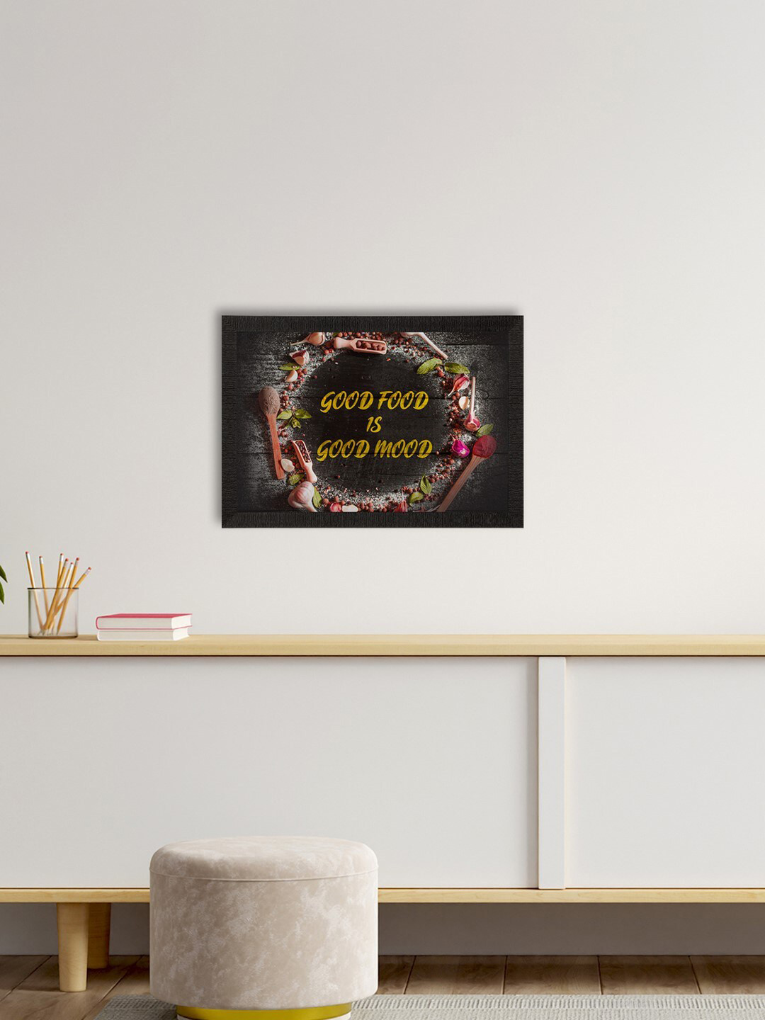 eCraftIndia Black & Mustard Yellow Food Quote Satin Matte Texture UV Wall Painting