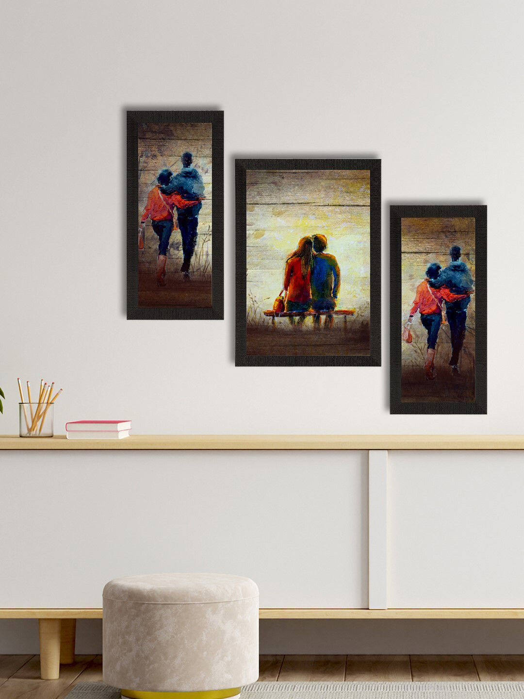 eCraftIndia Loving Couple Synthetic Wood 3 Pcs Wall Rectangle Paintings Wall Art