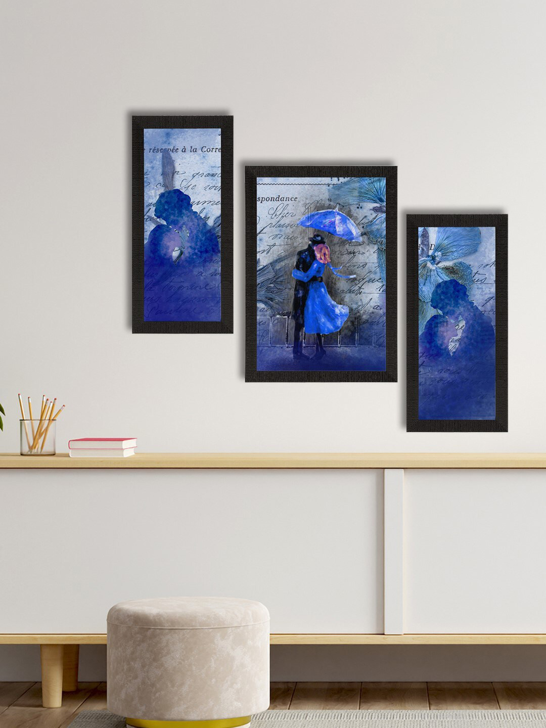 eCraftIndia Blue Synthetic Wood 3 Pcs Wall Home Office Rectangle Paintings Wall Art
