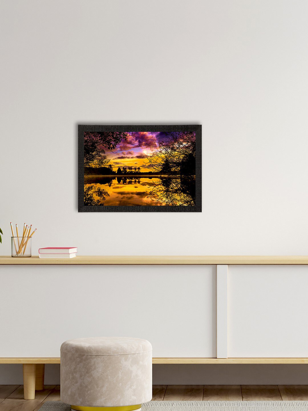 eCraftIndia Yellow & Black Scenic Lake Side View Satin Matt Texture UV Art Painting