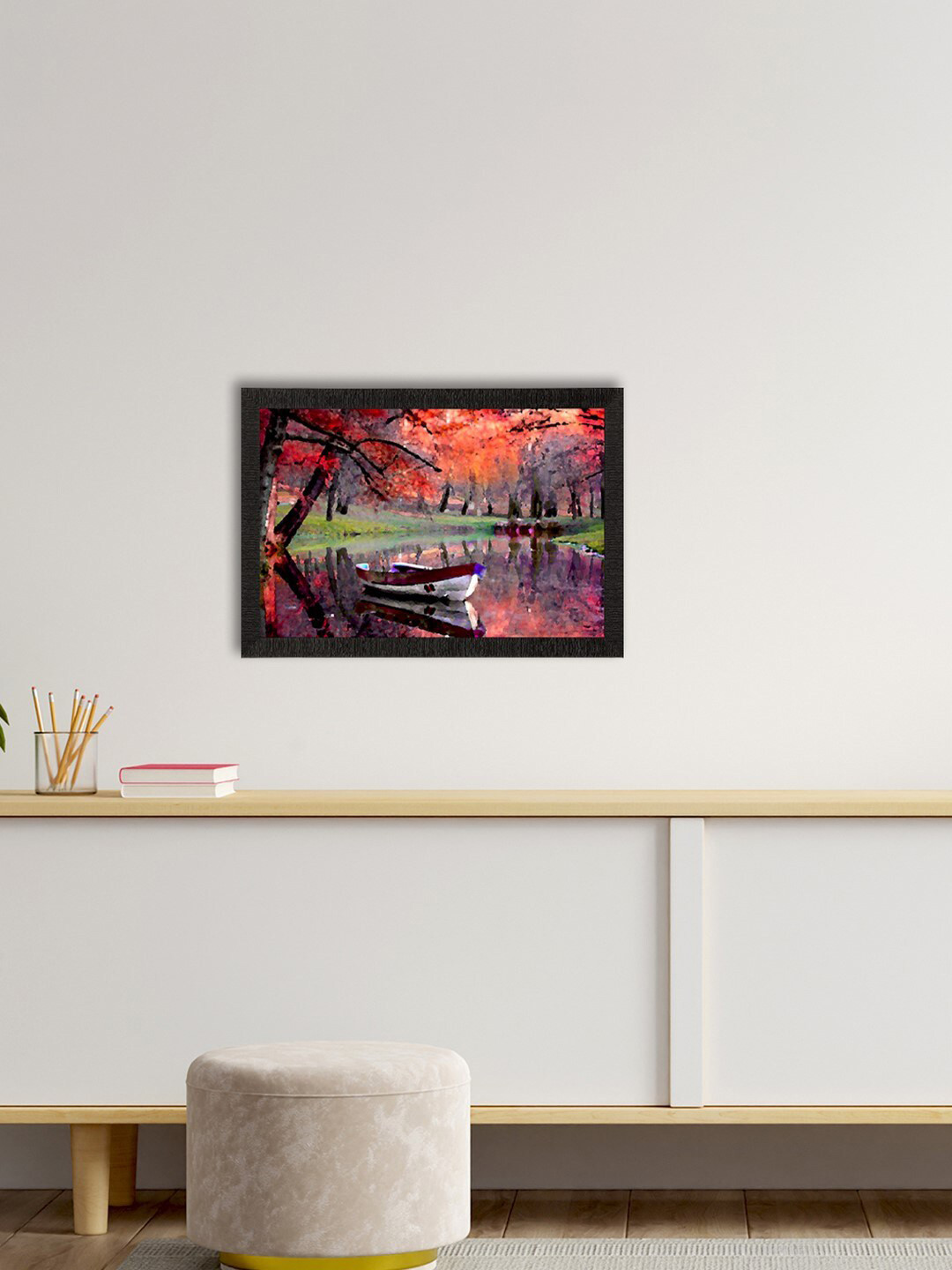 eCraftIndia Orange & Black Texture Lake Scenic View Wall Art