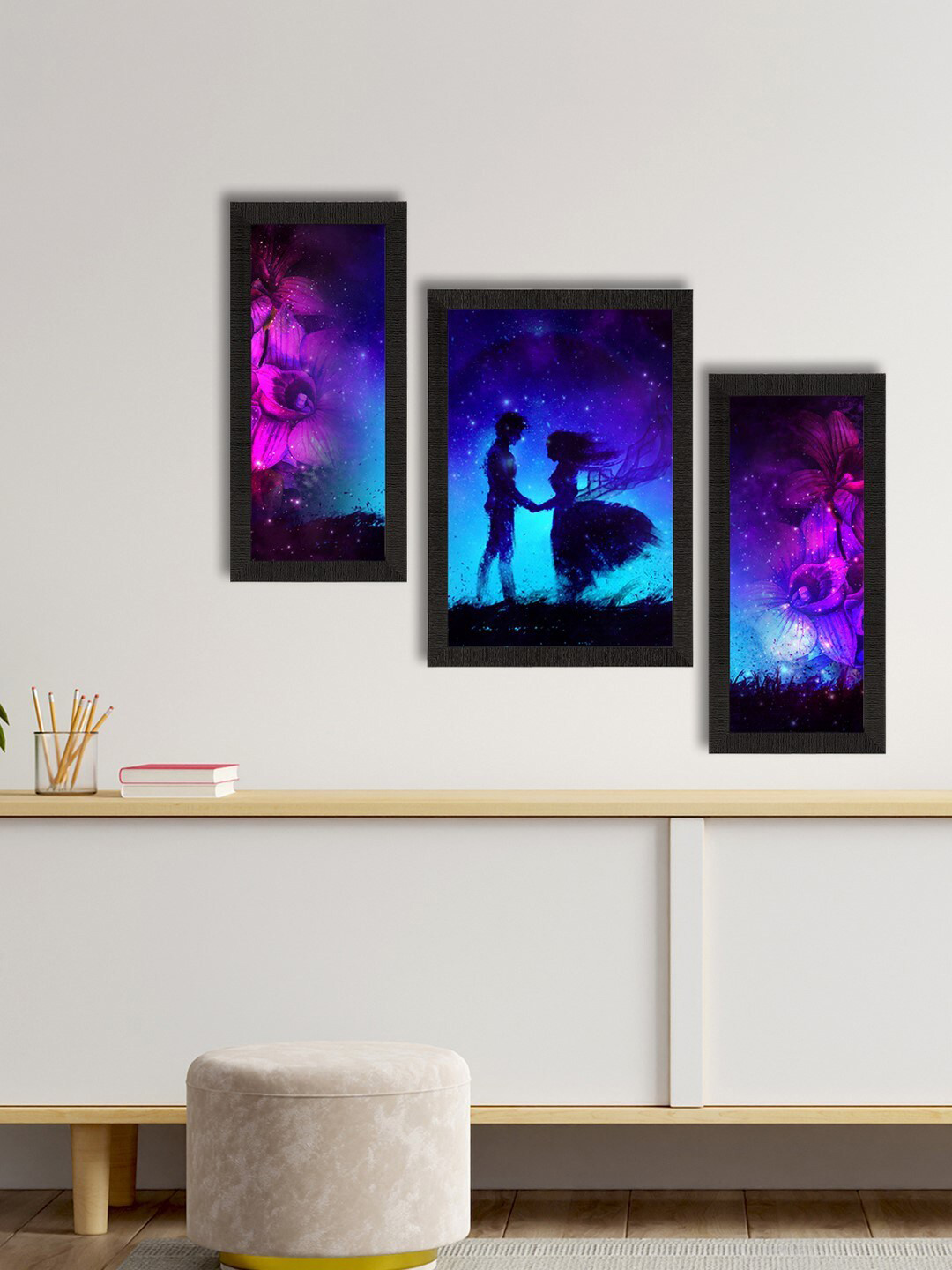 eCraftIndia Set Of 3 Blue & Pink Loving Couple Under Moon Light Wall Art