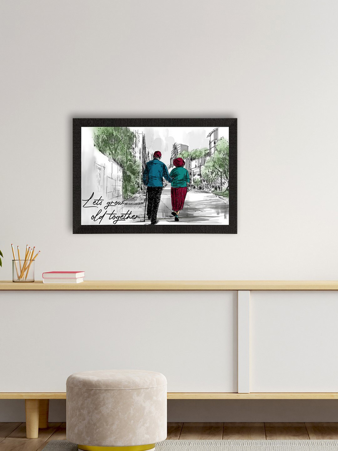 eCraftIndia Unisex White & Grey Lets Grow Old Together Love Theme Satin Matt Texture UV Art Painting