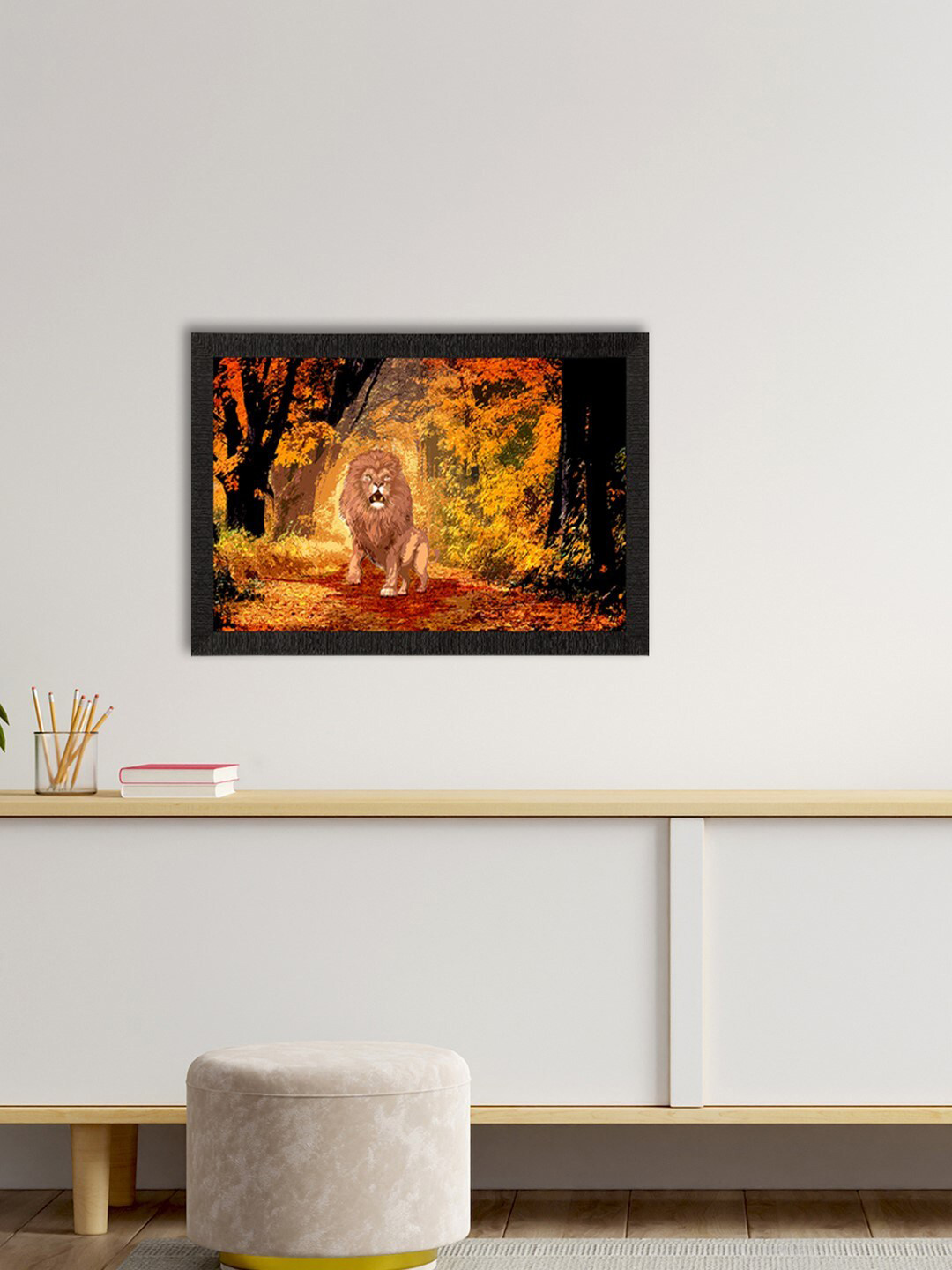 eCraftIndia Roaring Lion in Autumn Season Synthetic Wood Paintings Wall Art -14 x 20 In