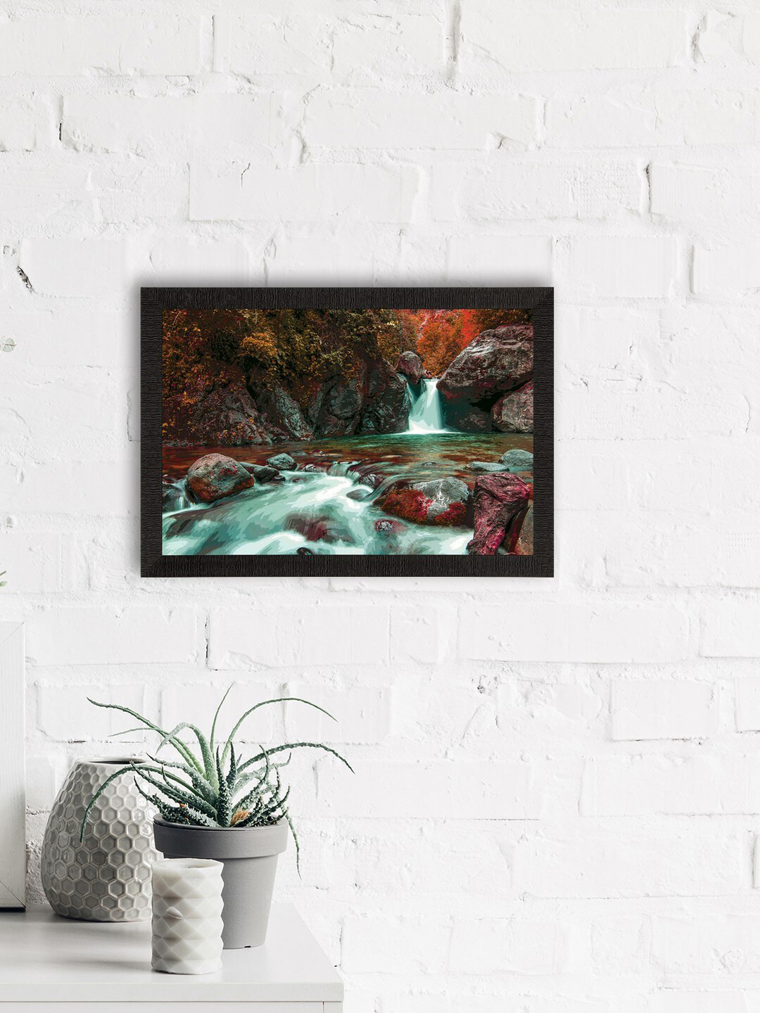 eCraftIndia Brown & Green Waterfall View Satin Matte Texture UV Wall Painting