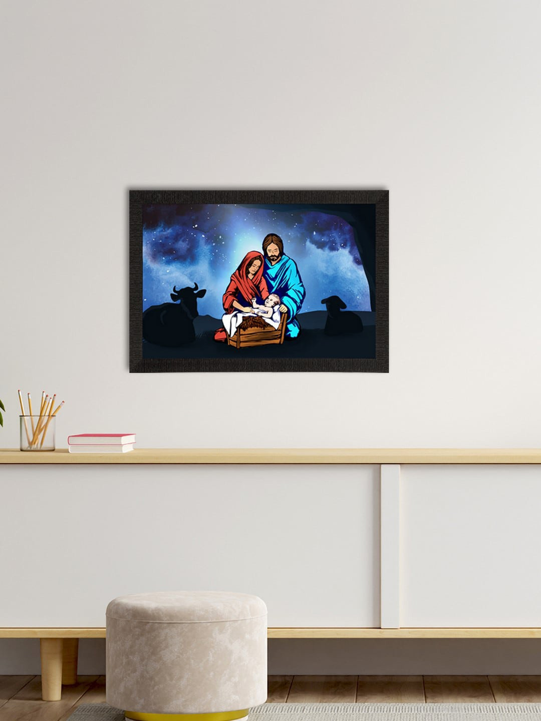 eCraftIndia Blue Synthetic Wood Wall Living Room Rectangle Paintings Wall Art -14 x 20In