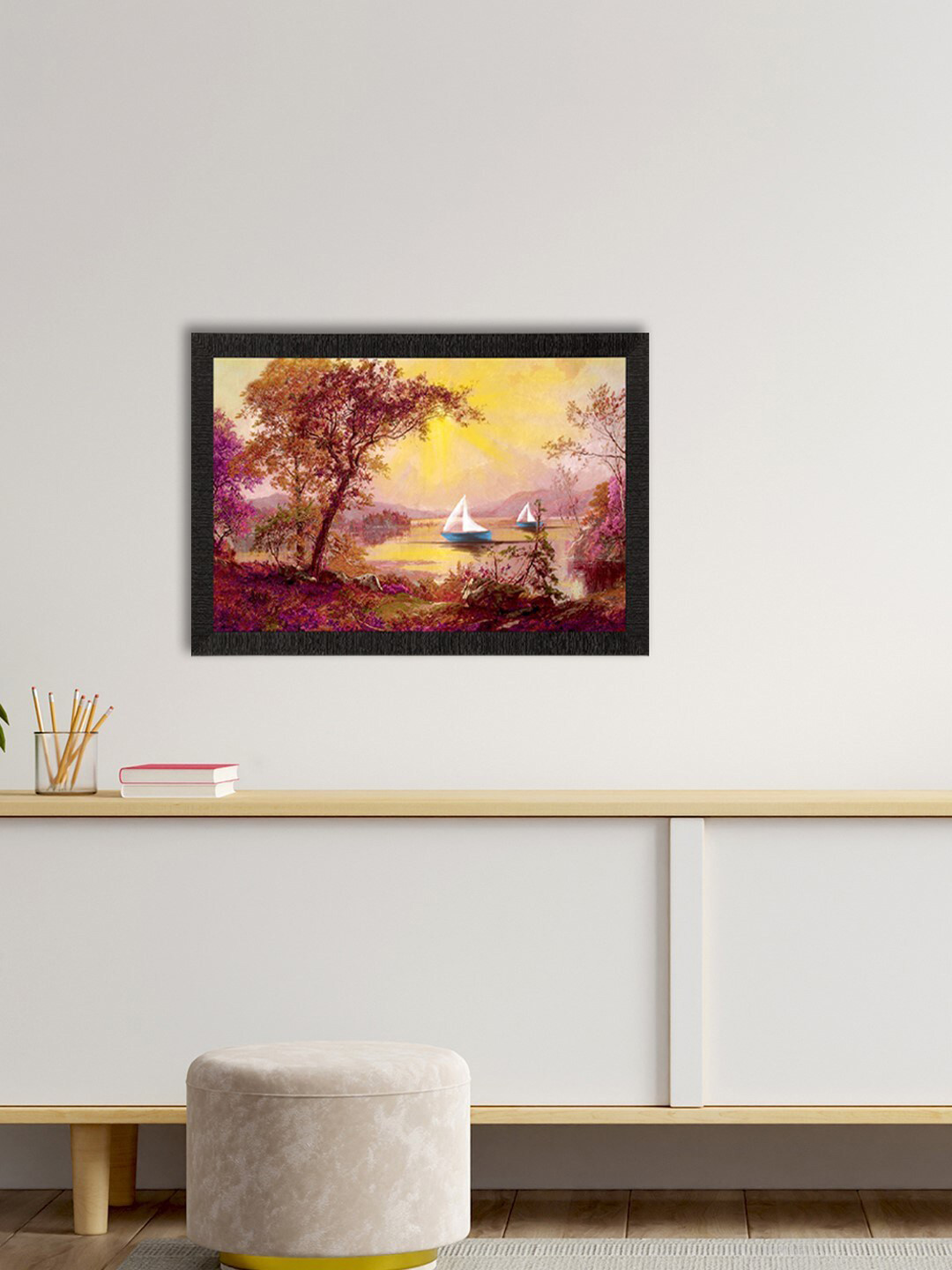 eCraftIndia Boats Under River Scenic Synthetic Wood Wall Paintings Wall Art -20 x 14 In