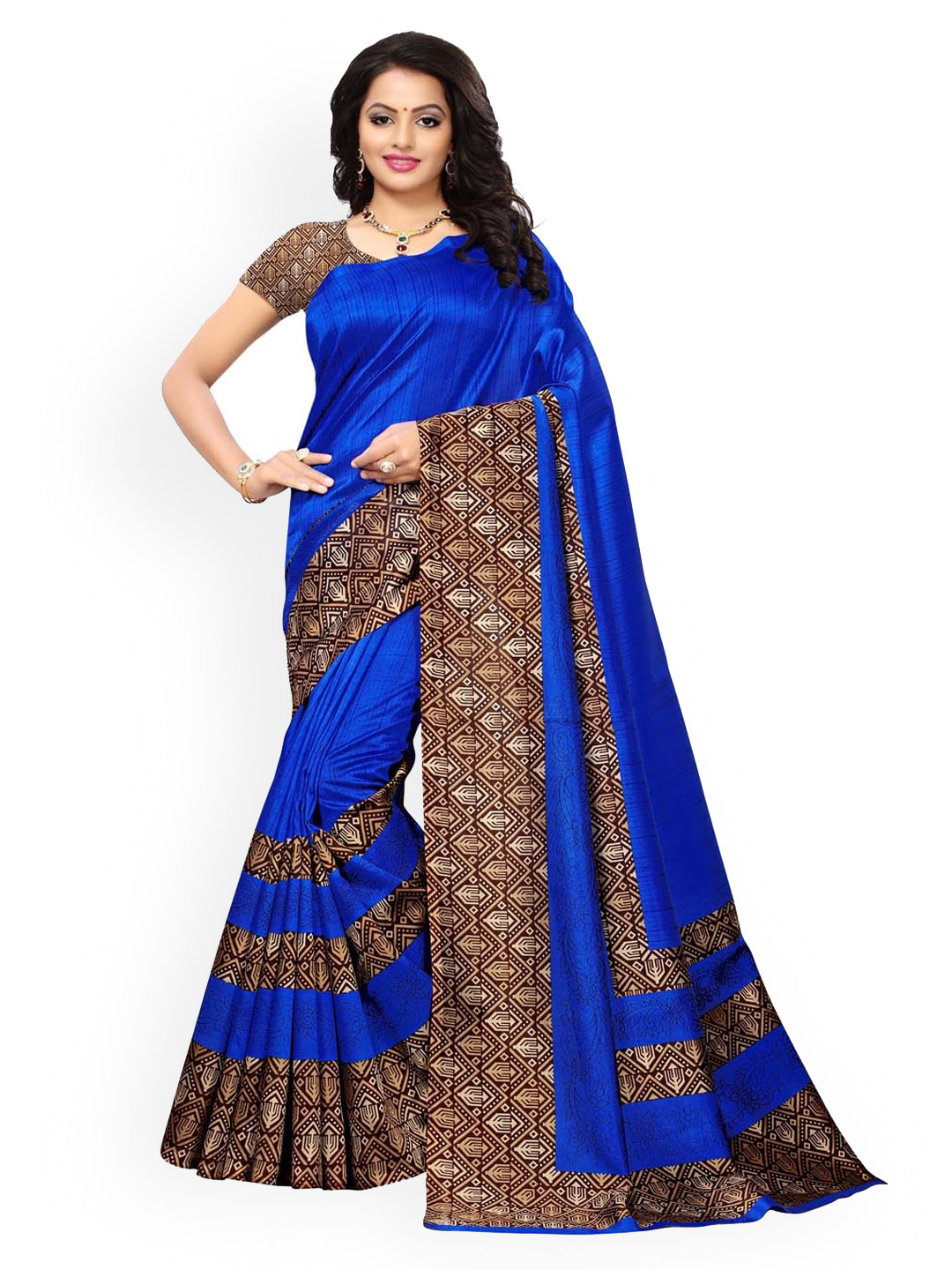 KALINI Blue & Coffee Brown Poly Silk Striped Saree