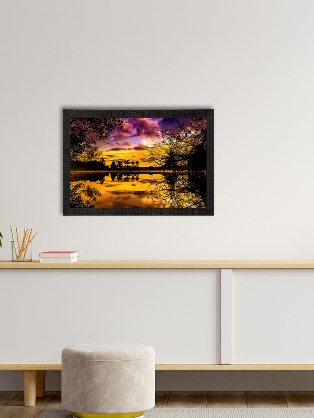 eCraftIndia Mustard Yellow & Black Lake Side View Satin Matte Texture UV Wall Painting