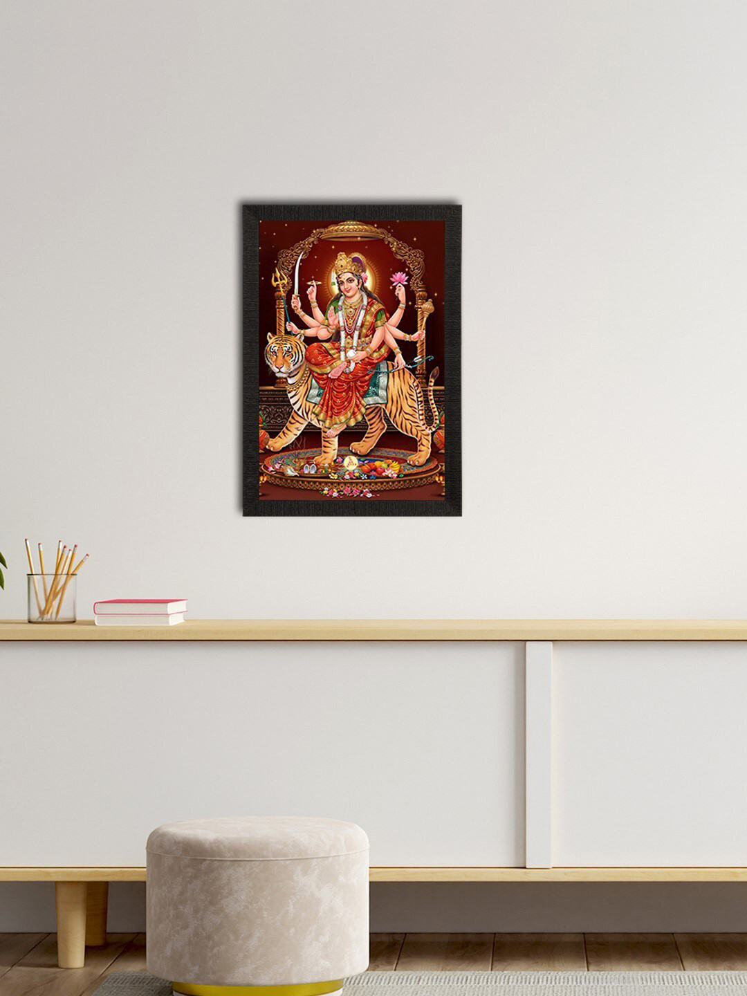 eCraftIndia Rust Orange & Brown Goddess Durga Satin Matte Texture UV Wall Painting