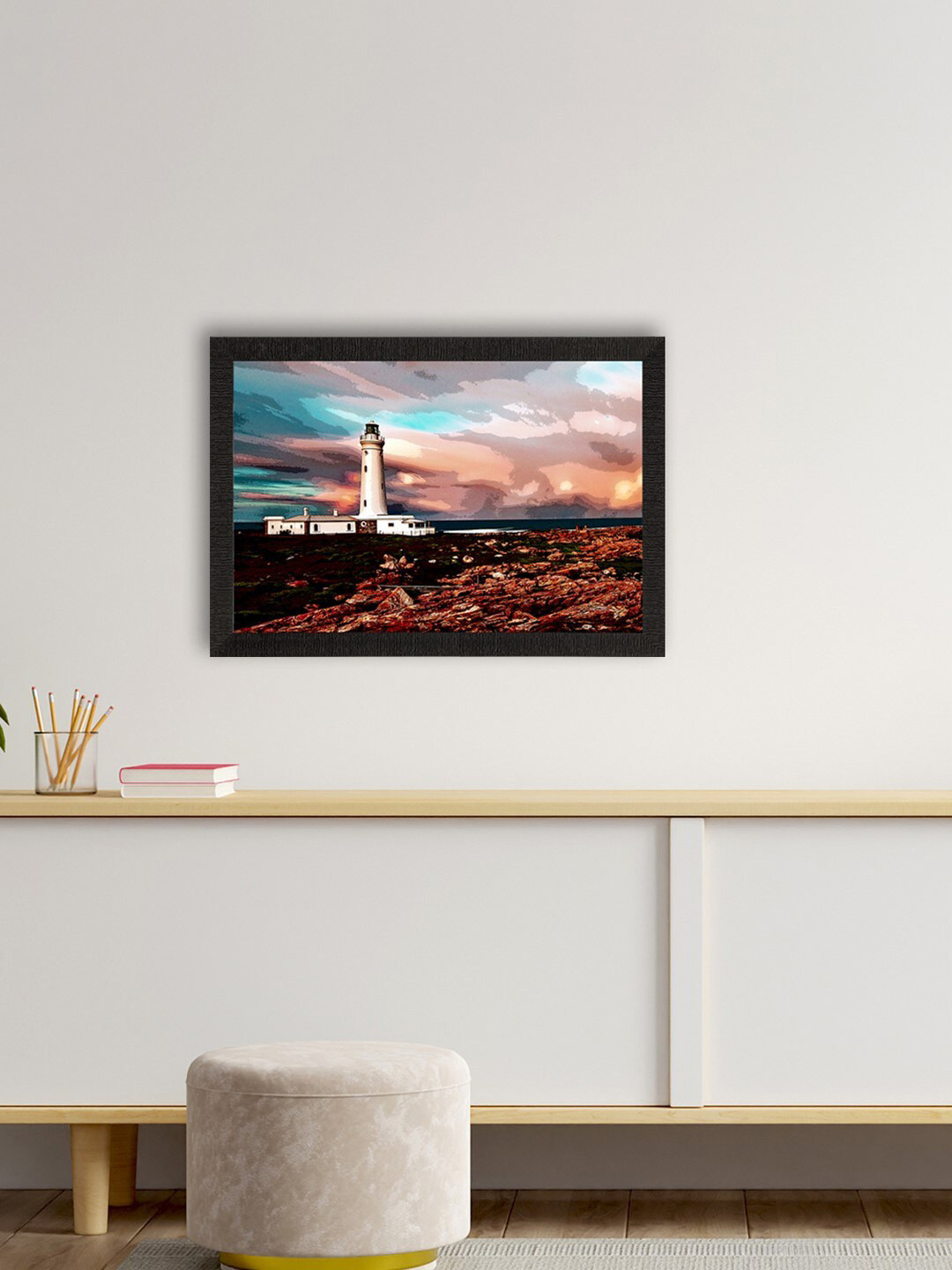 eCraftIndia Seaside Lighthouse Synthetic Wood Wall Rectangle Paintings Wall Art-14 x 20 In