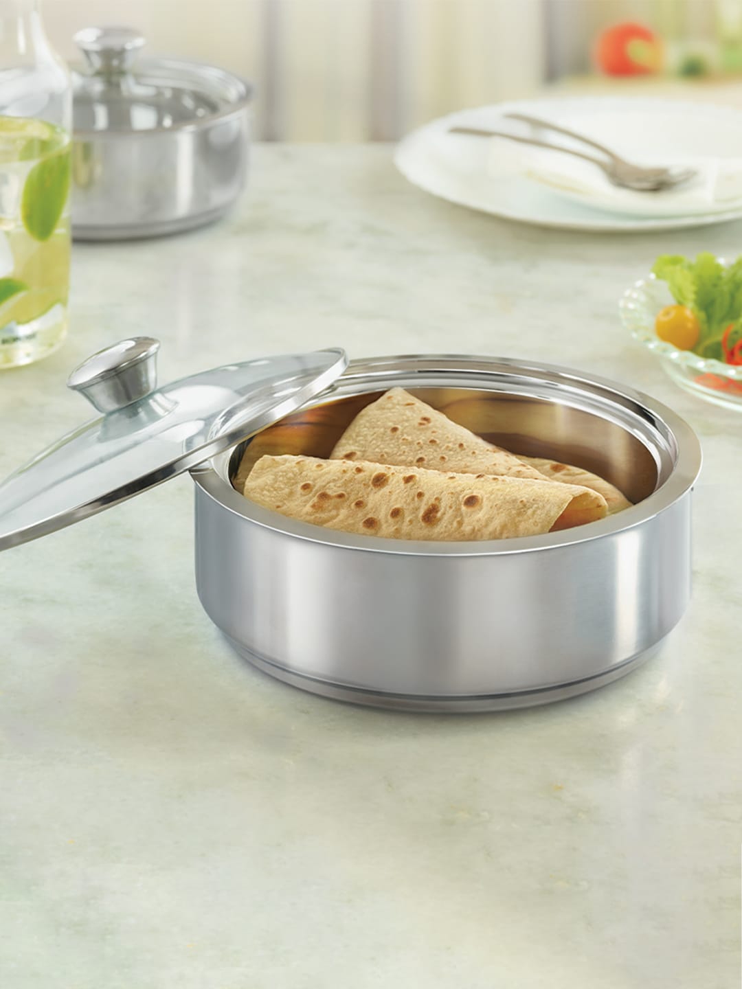BOROSIL Silver Toned Stainless Steel Insulated Roti Server Casserole with Glass Lid