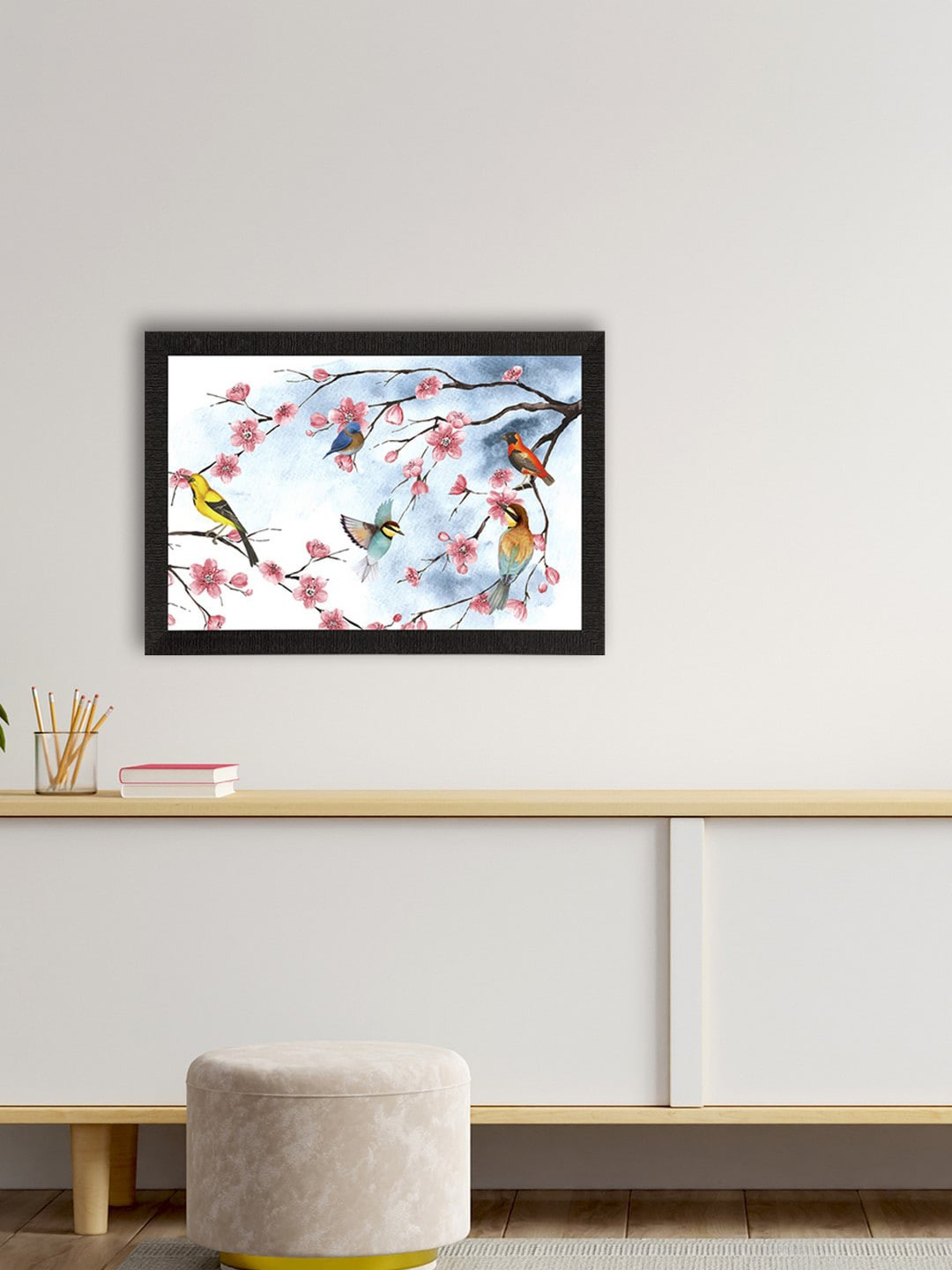 eCraftIndia White & Pink Floral & Birds Satin Matte Texture UV Wall Painting