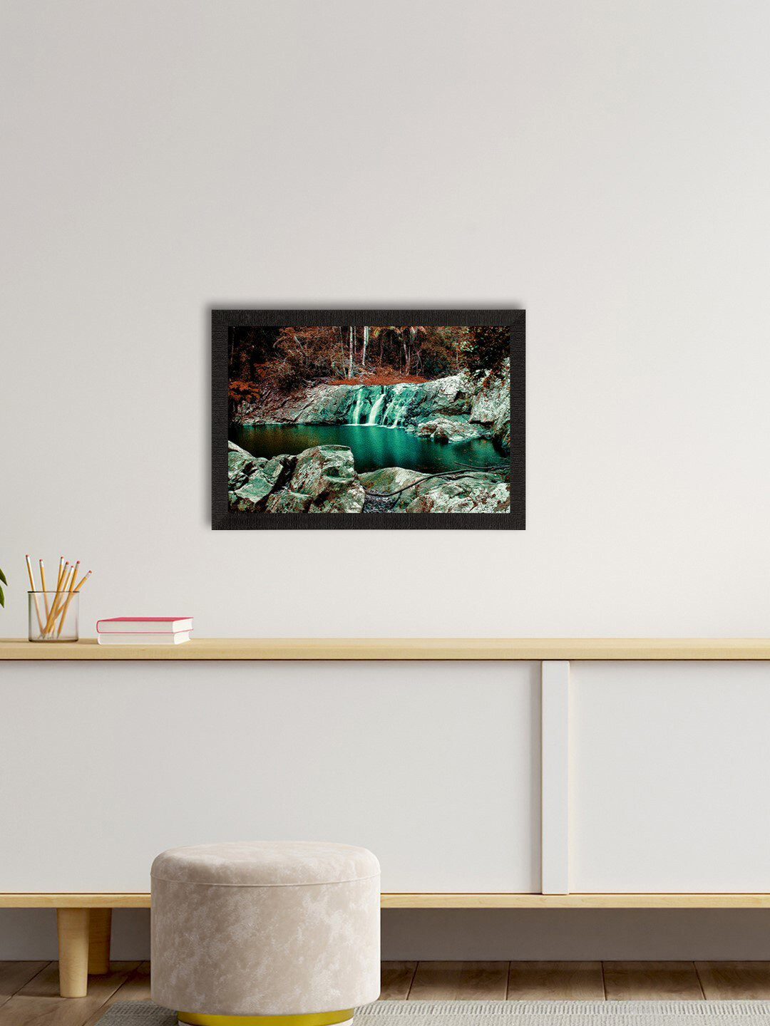 eCraftIndia Green & Brown Waterfall View Satin Matte Texture UV Wall Painting