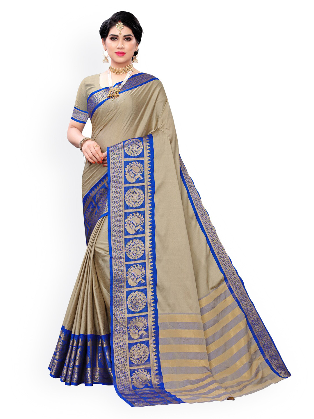 KALINI Beige Poly Silk Solid Banarasi Saree
