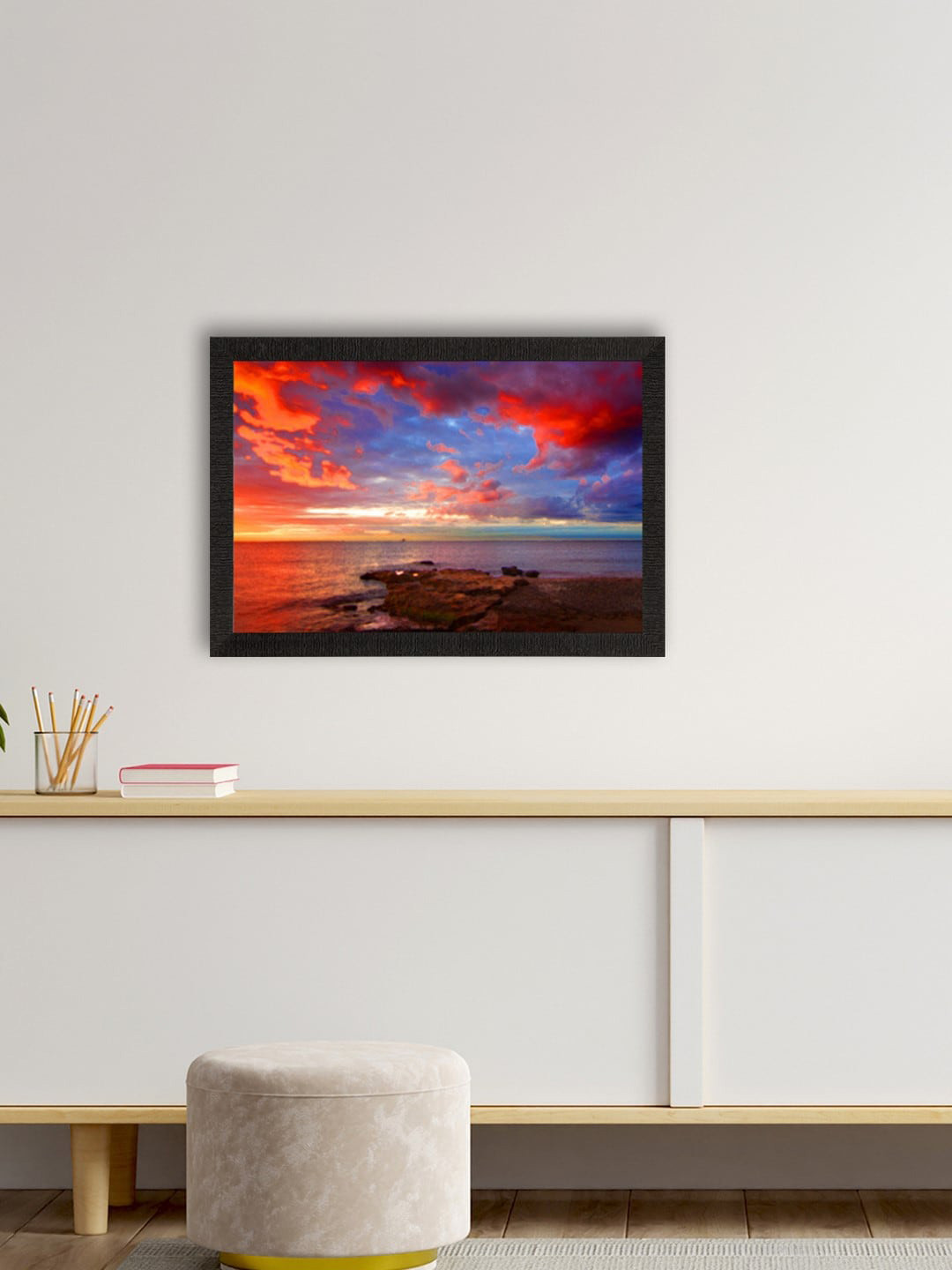 eCraftIndia Red & Blue Sky & Beach View Satin Matte Texture UV Wall Painting