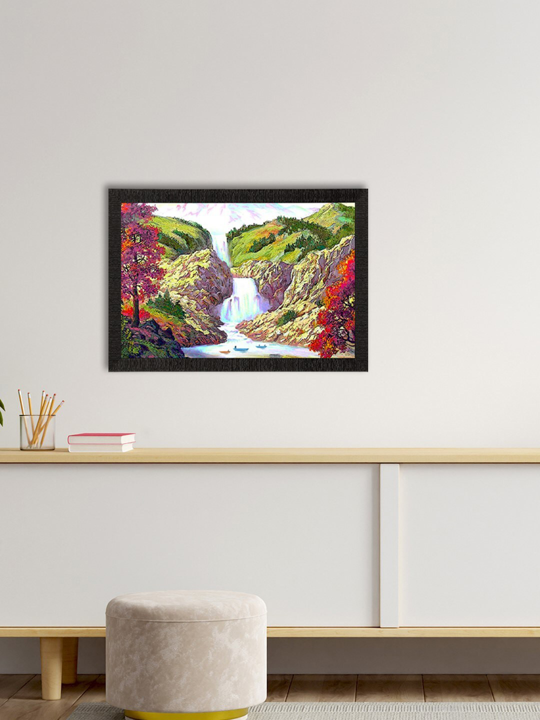 eCraftIndia Green & Purple Waterfall View Satin Matte Texture UV Wall Painting