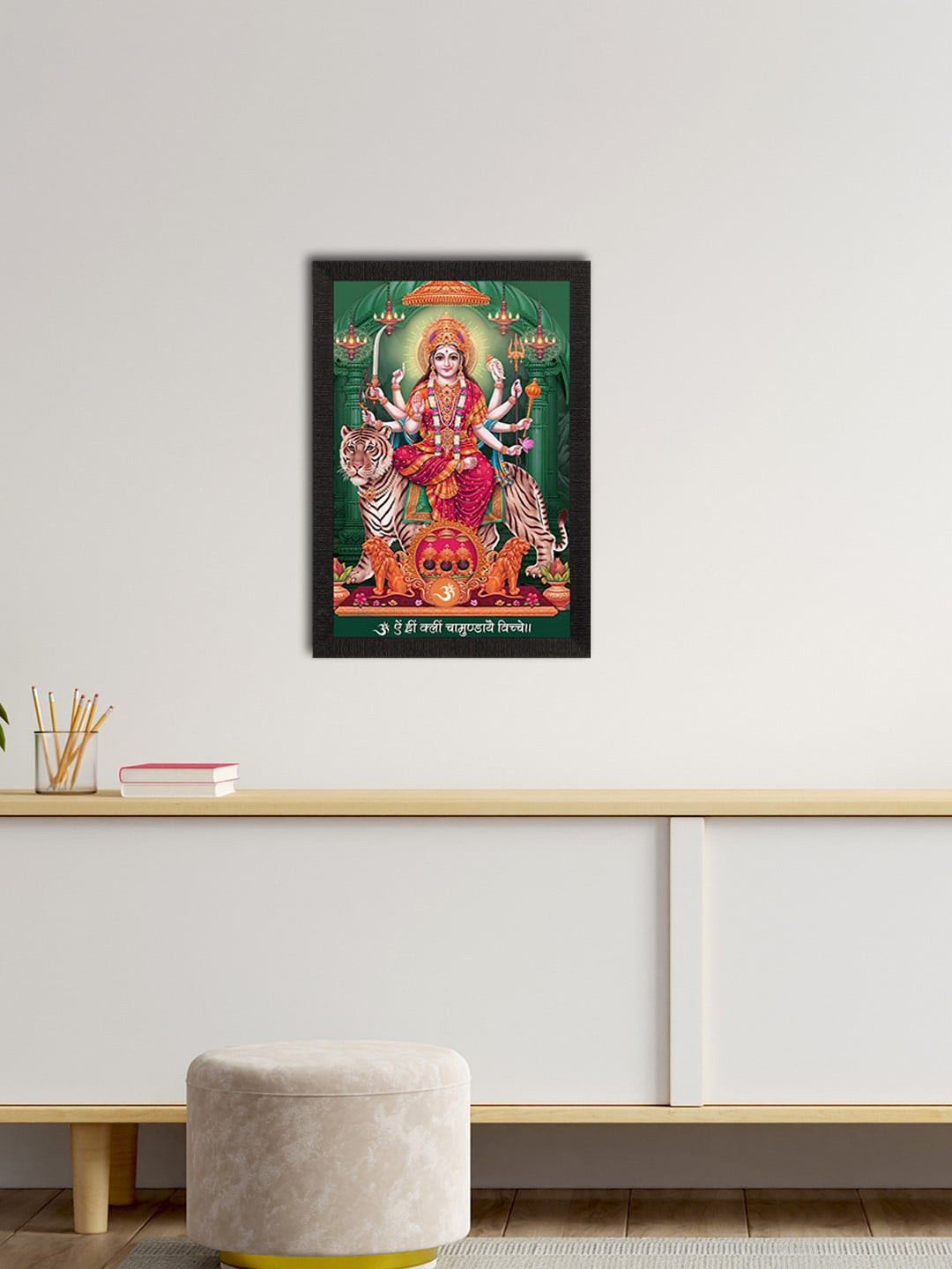 eCraftIndia Green & Red Goddess Durga Satin Matte Texture UV Wall Painting