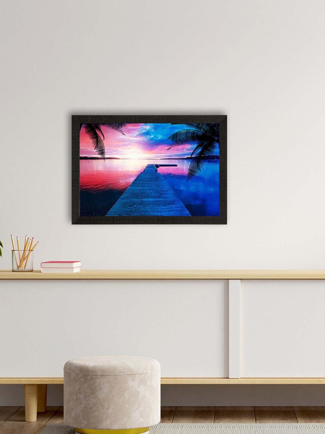 eCraftIndia Pink & Blue Beach View Satin Matte Texture UV Wall Painting