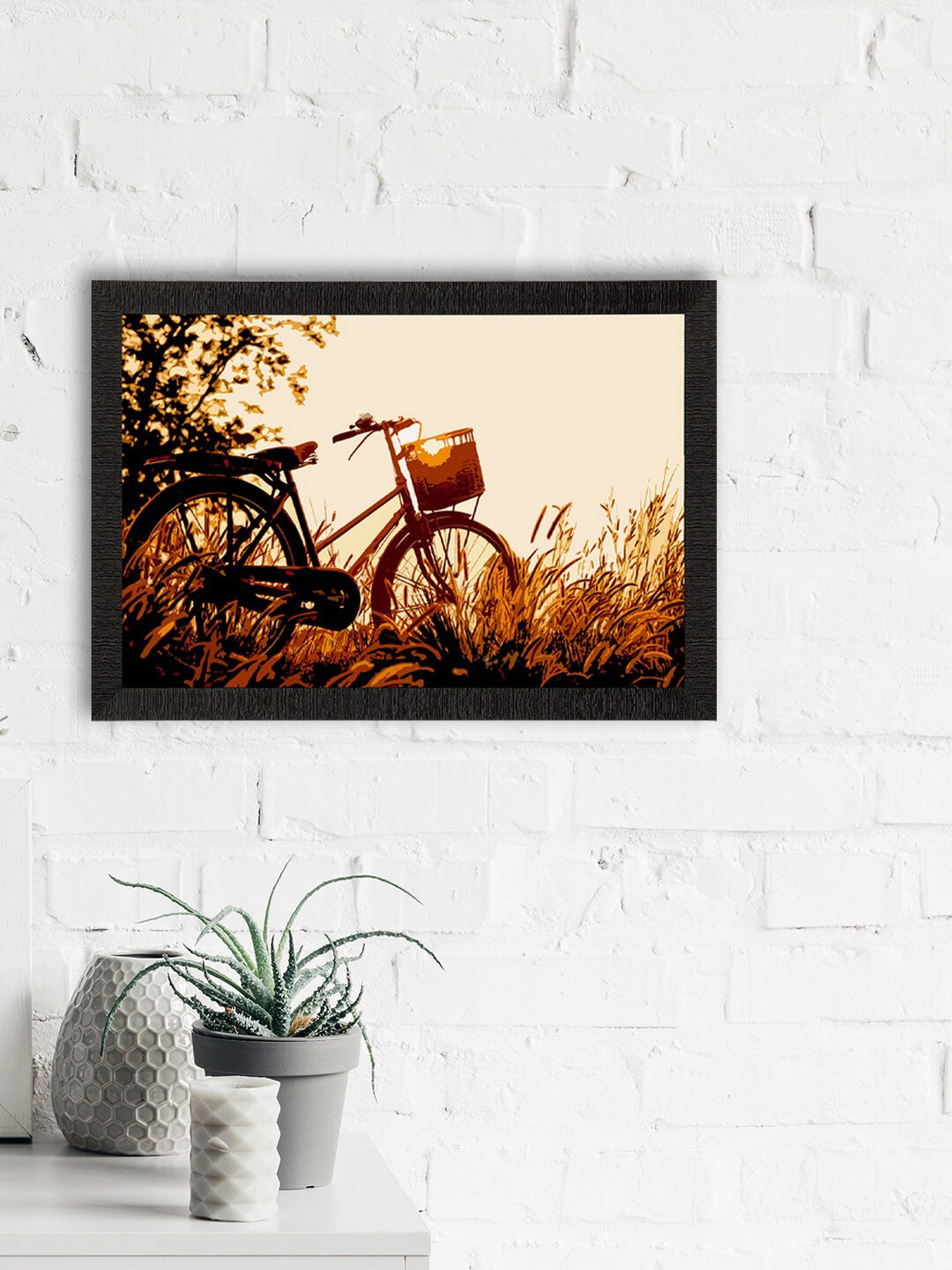 eCraftIndia Cycle Standing In Grass Synthetic Wood Wall Paintings Wall Art - 20 x 14 In
