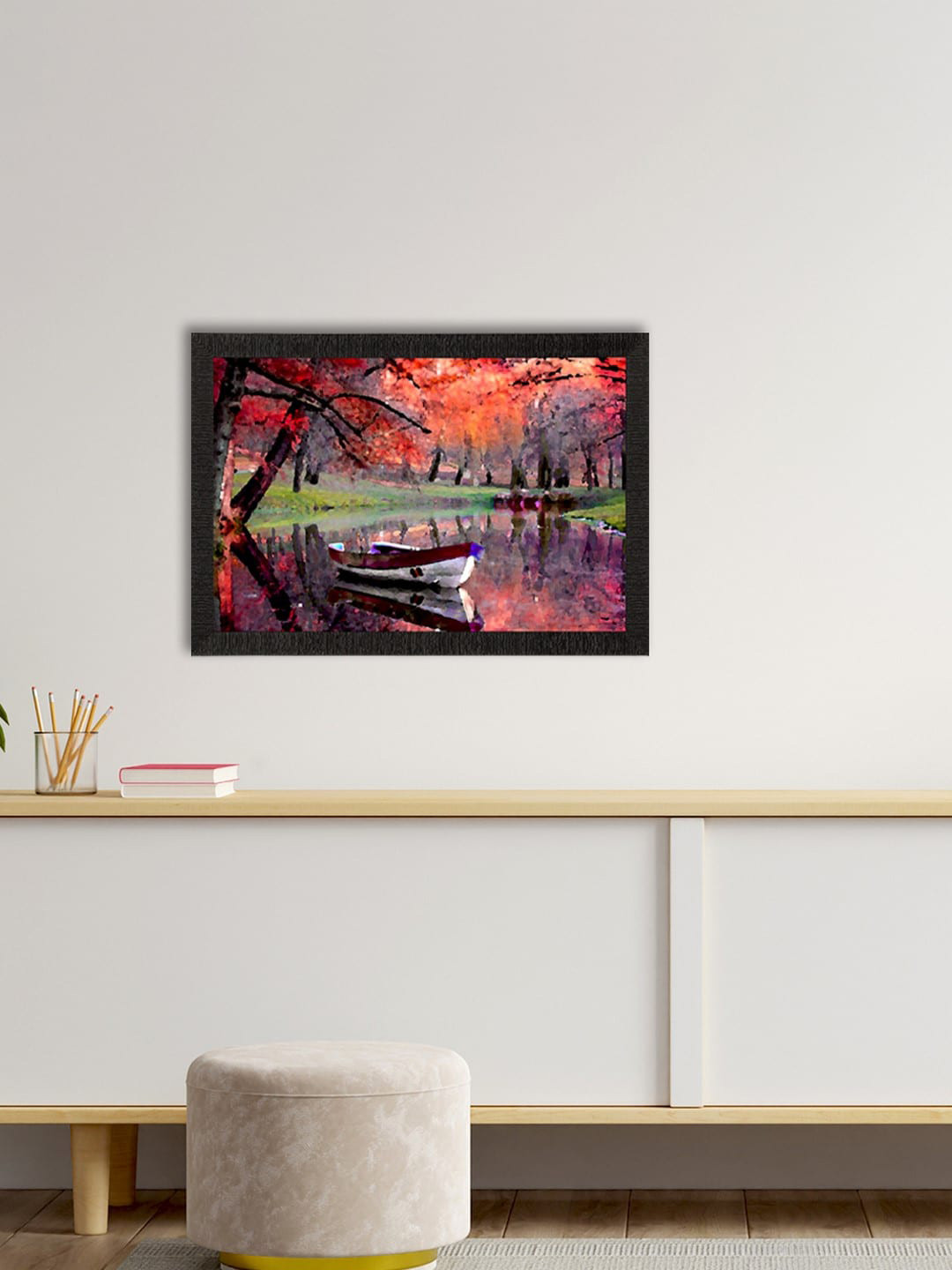 eCraftIndia Boat In Lake Scenic View Printed Rectangle Paintings Wall Art- 14x20In