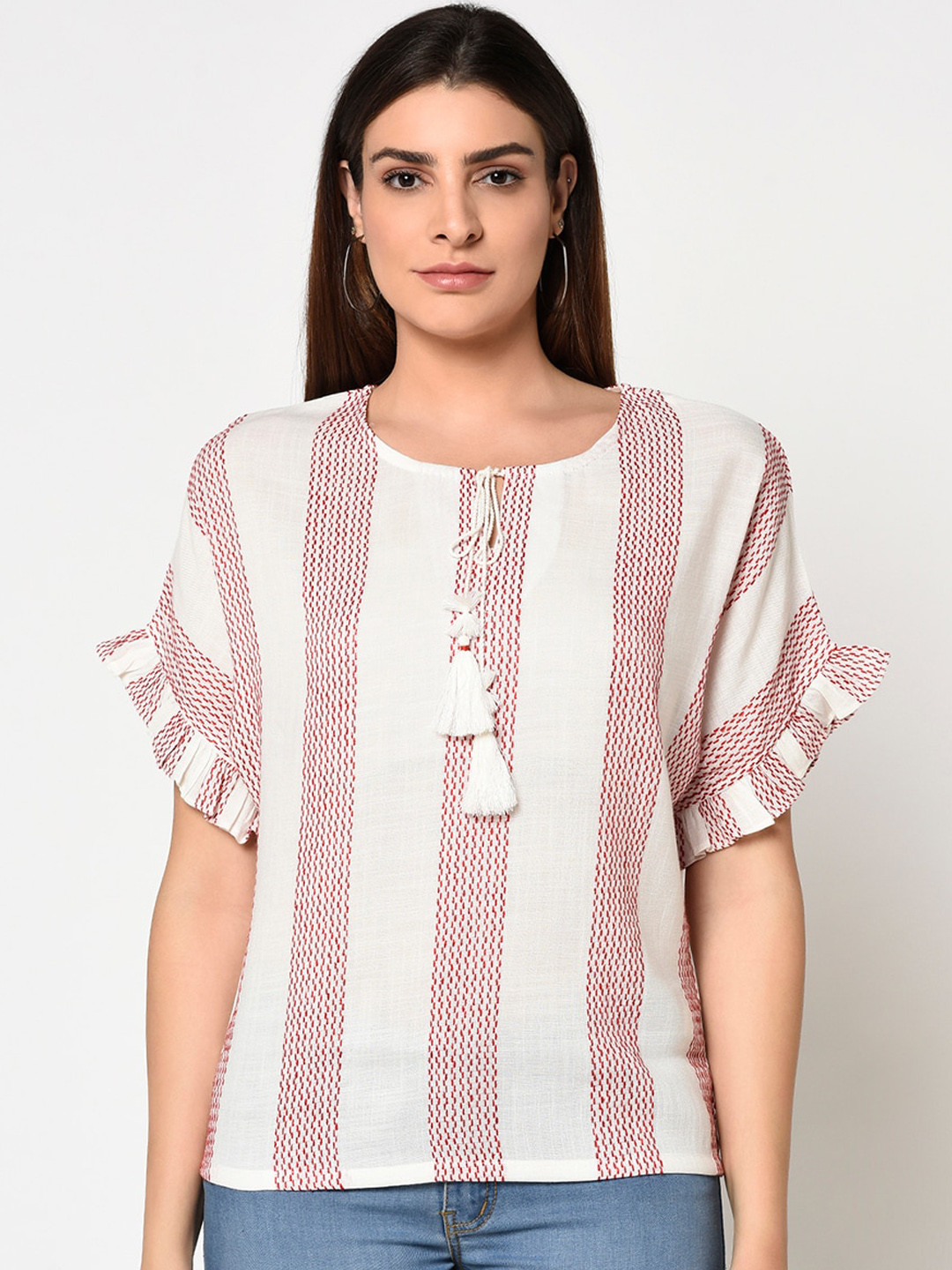 METTLE White & Red Striped Tie-Up Neck Regular Top