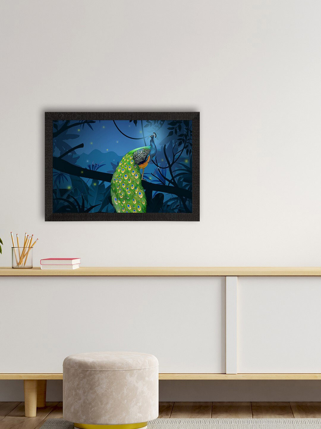 eCraftIndia Peacock Sitting On Tree Branch Synthetic Wood Paintings Wall Art -14 x 20 In