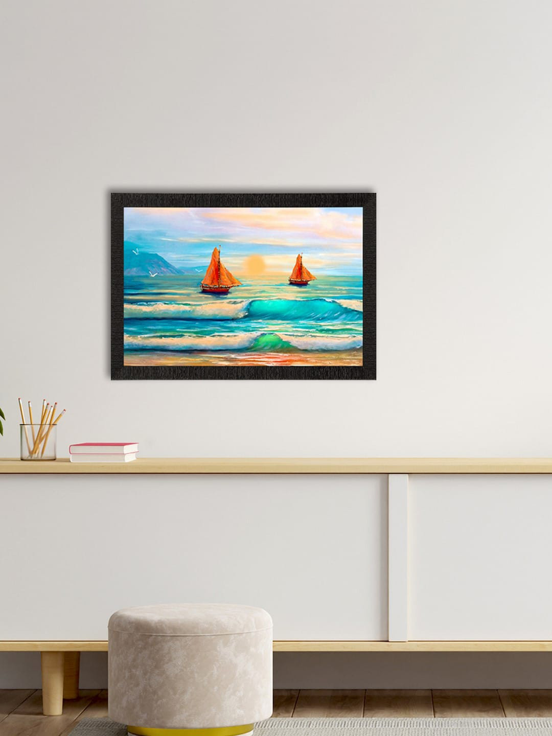 eCraftIndia Sailing Boats In Sea Synthetic Wood Rectangle Paintings Wall Art - 20 x 14 In