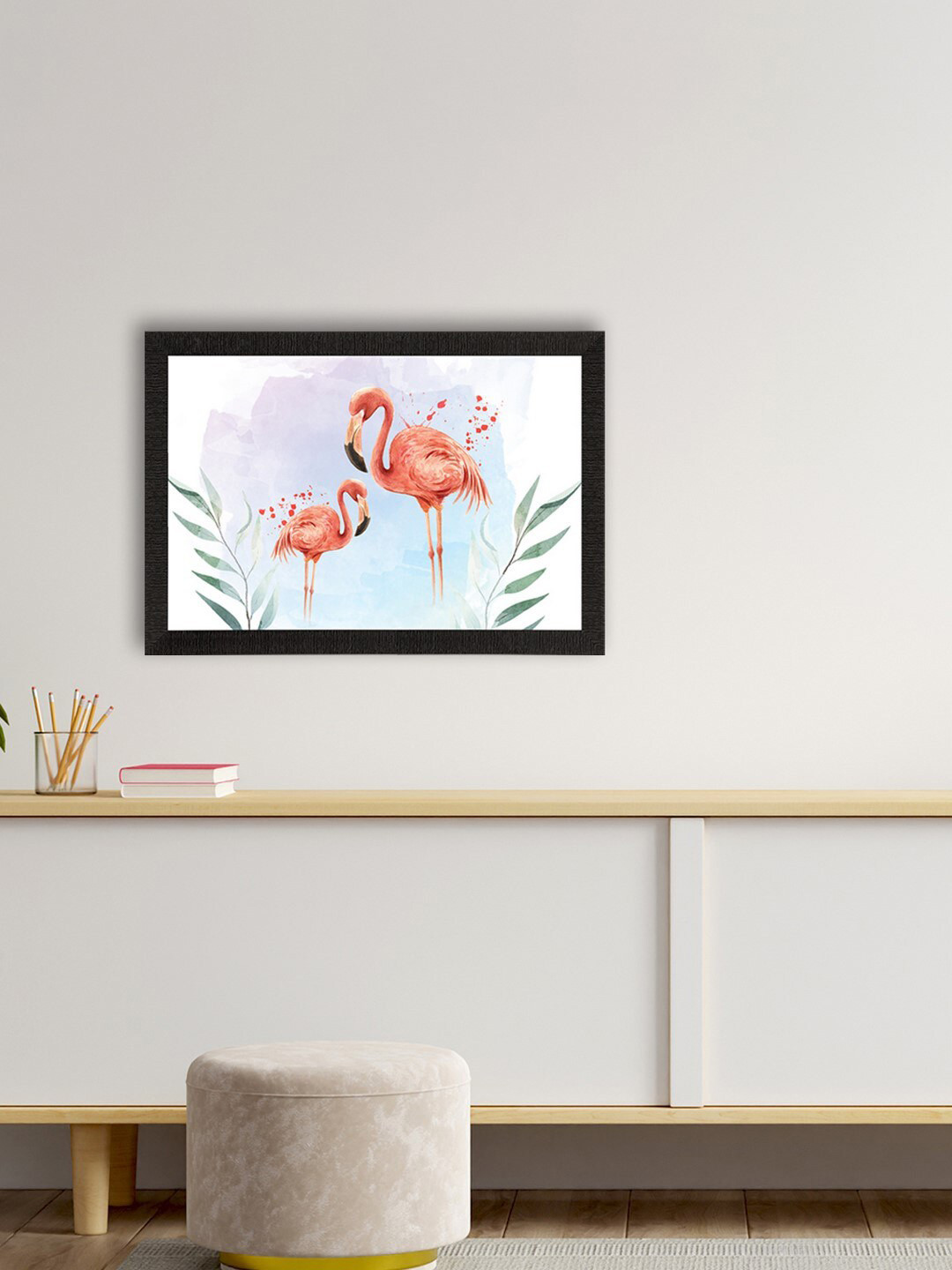 eCraftIndia Peach-Coloured & Green Flamingo Satin Matte Texture UV Wall Painting